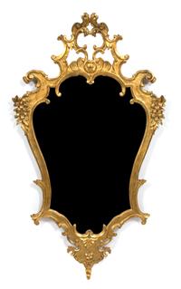 A Pair of Italian Rococo Style Carved Giltwood Mirrors Height 46 x width 27 inches. — 19TH CENTURY