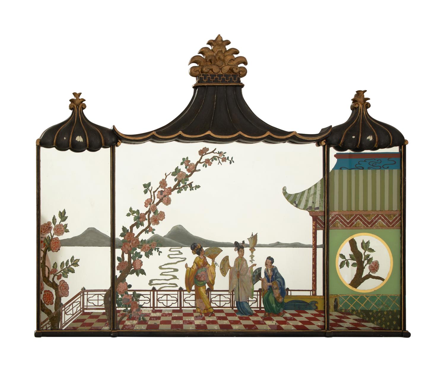 A "Chinese Chippendale" Style Ebonized and Parcel Gilt Reverse-Painted Glass Overmantel Mirror