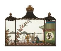 A "Chinese Chippendale" Style Ebonized and Parcel Gilt Reverse-Painted Glass Overmantel Mirror