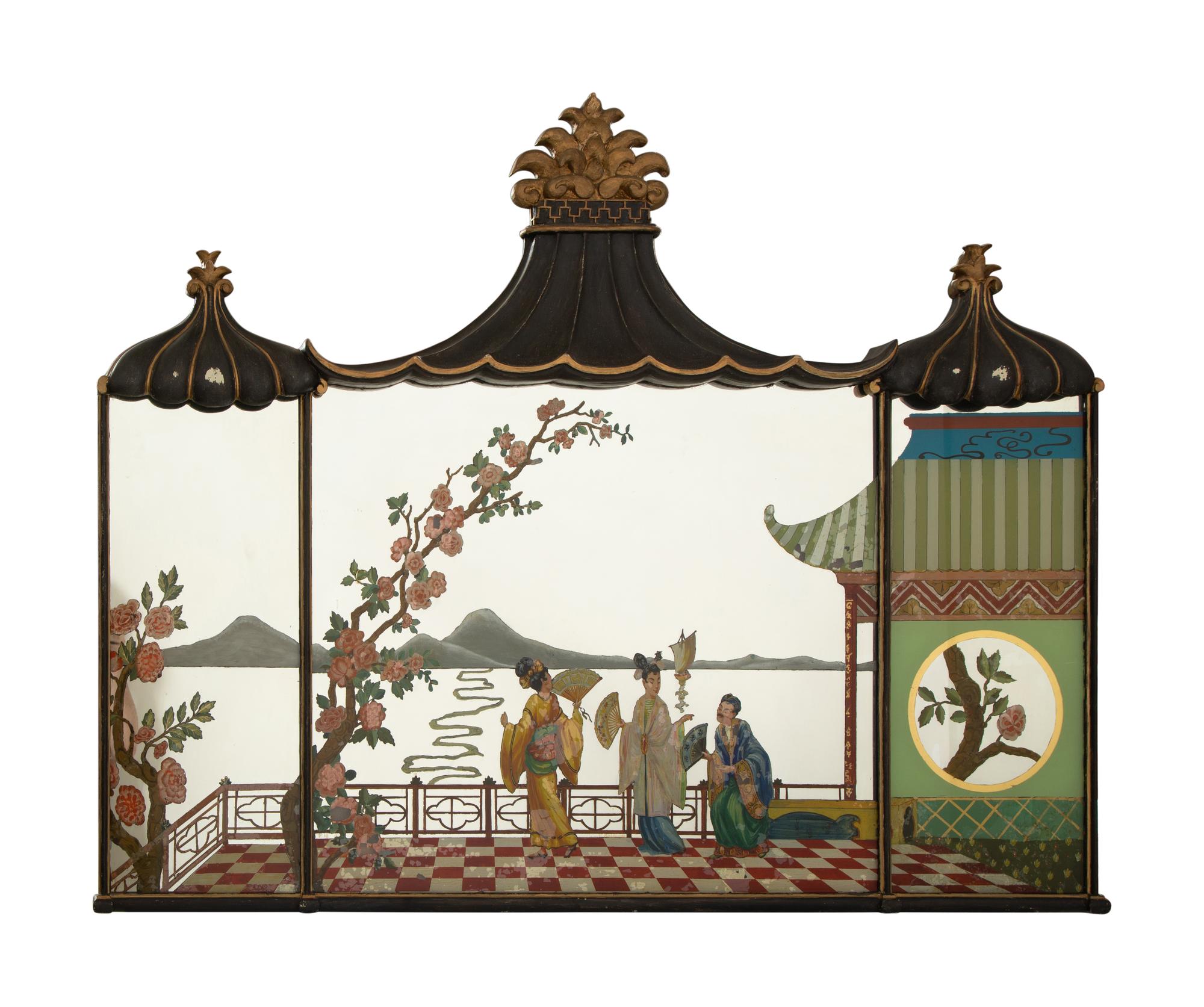 A "Chinese Chippendale" Style Ebonized and Parcel Gilt Reverse-Painted Glass Overmantel Mirror