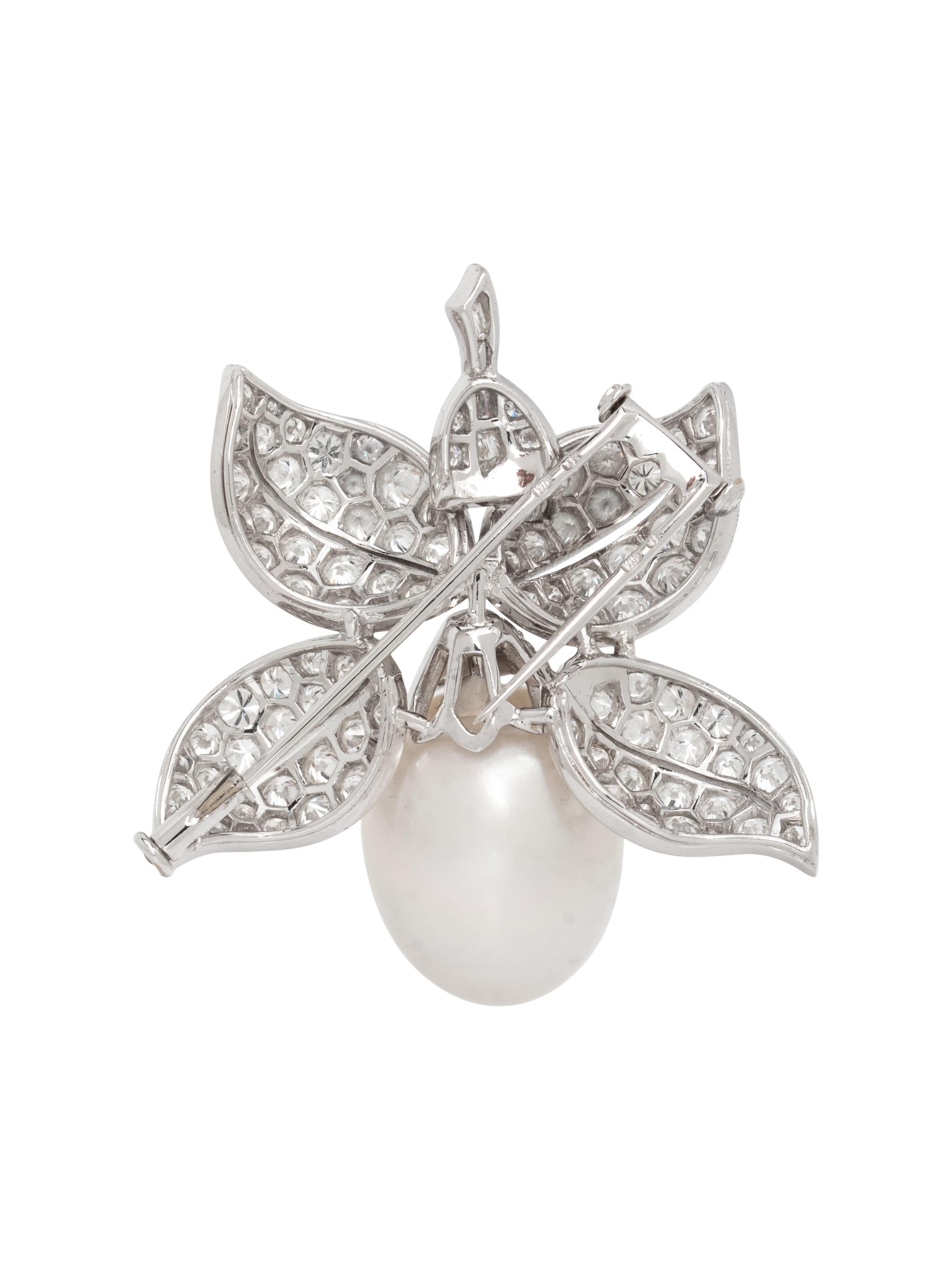 CULTURED PEARL AND DIAMOND FLOWER BROOCH