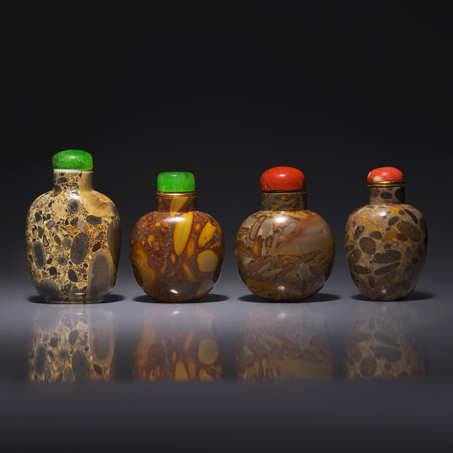 Four Chinese Puddingstone Snuff Bottles 抱子石鼻烟壺四支