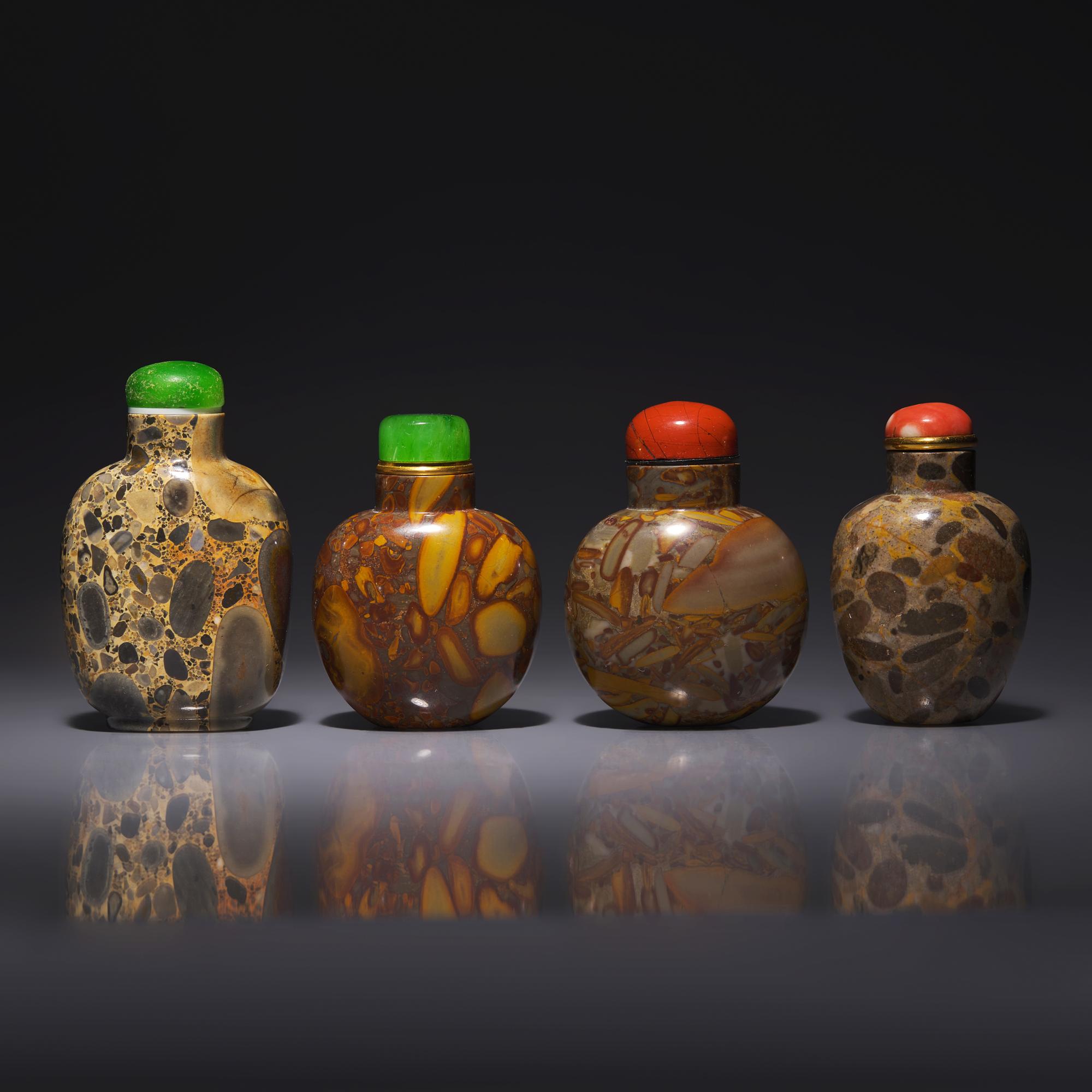 Four Chinese Puddingstone Snuff Bottles 抱子石鼻烟壺四支