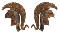 A Pair of Italian Parcel Gilt Carved Wood Helmet-Form Wall Plaques Height 18 1/4 inches. — 20TH CENTURY