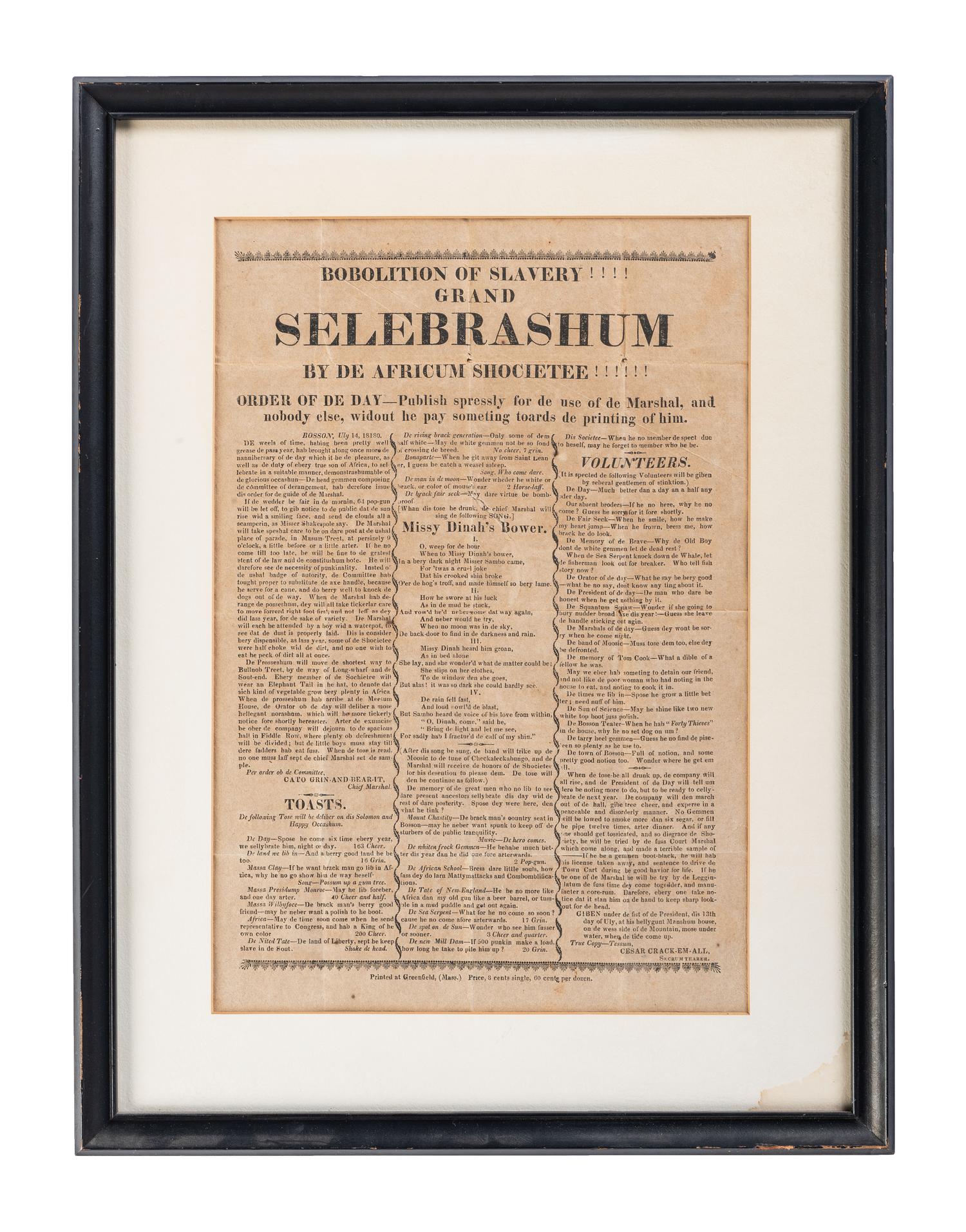 [SLAVERY & ABOLITION]. Anti-Black satirical broadside. Greenfield, MA: N.p., [1818].