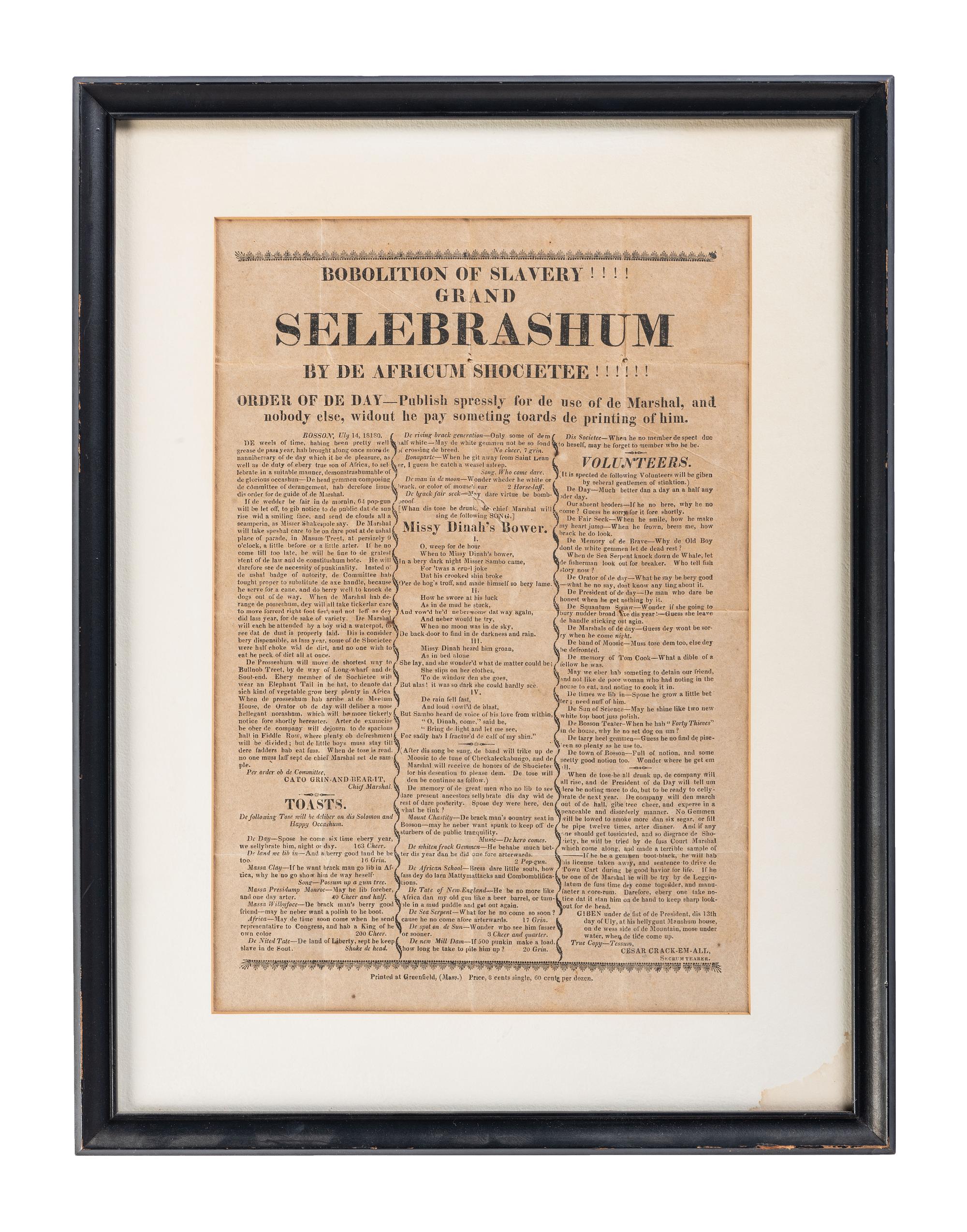 [SLAVERY & ABOLITION]. Anti-Black satirical broadside. Greenfield, MA: N.p., [1818].