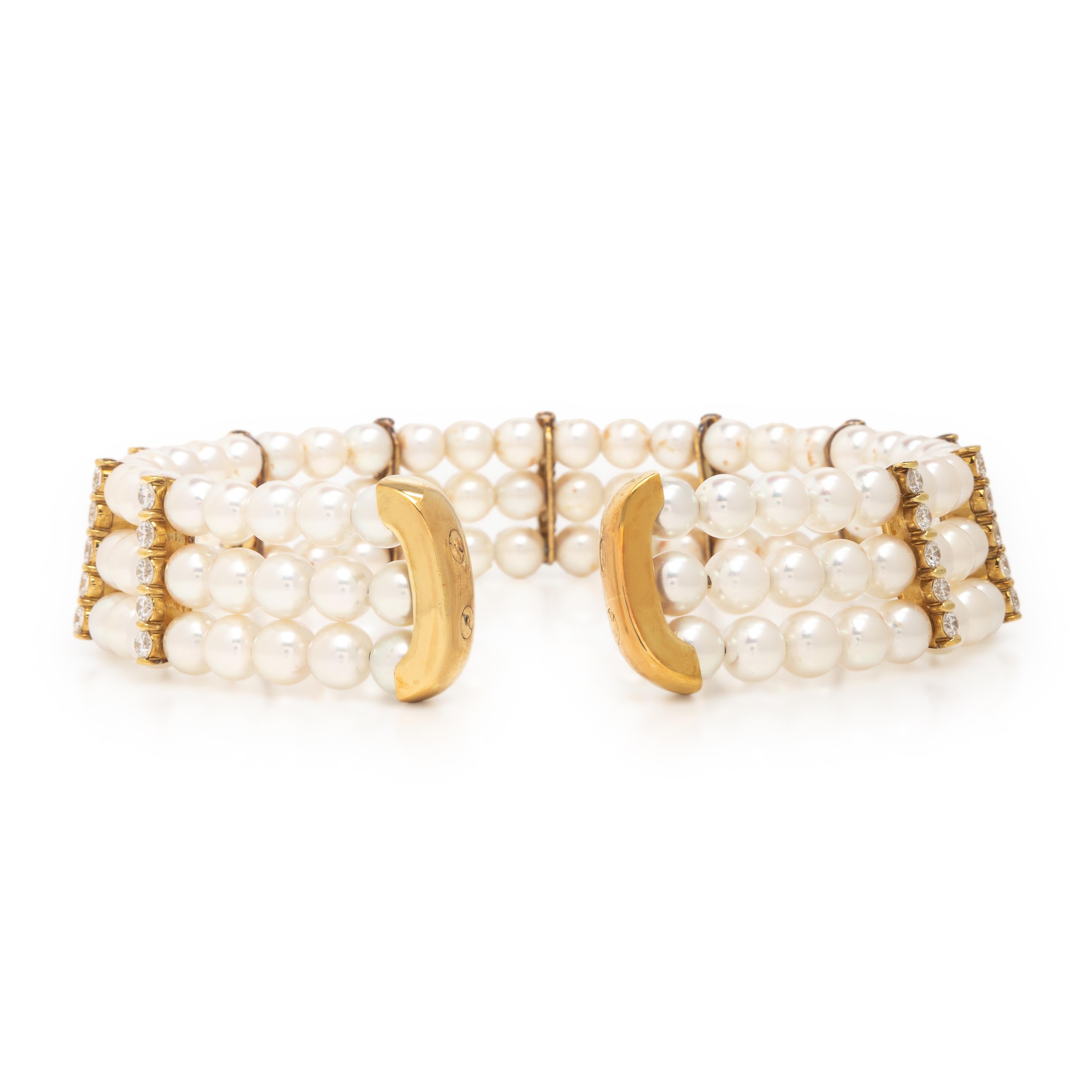 Cultured Pearl, Diamond, and Yellow Gold Choker Necklace