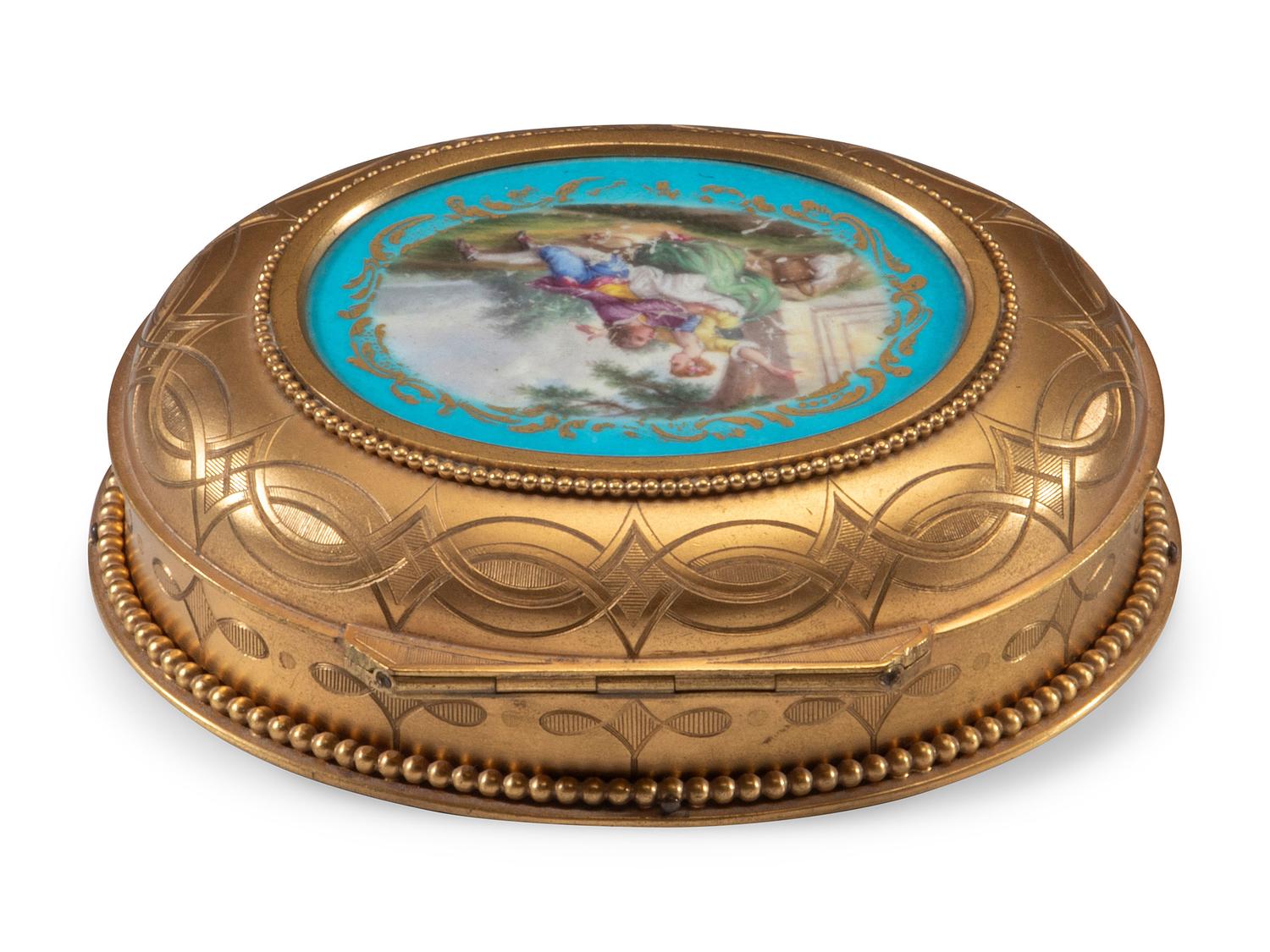 A Sèvres Style Porcelain Inset Gilt Metal Sewing Kit