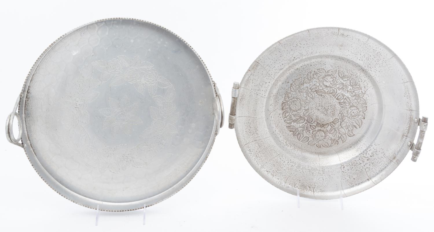 Two Pewter Serving Dishes Width of wider over handles 16 1/4 inches.