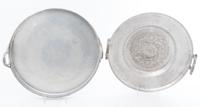 Two Pewter Serving Dishes Width of wider over handles 16 1/4 inches.