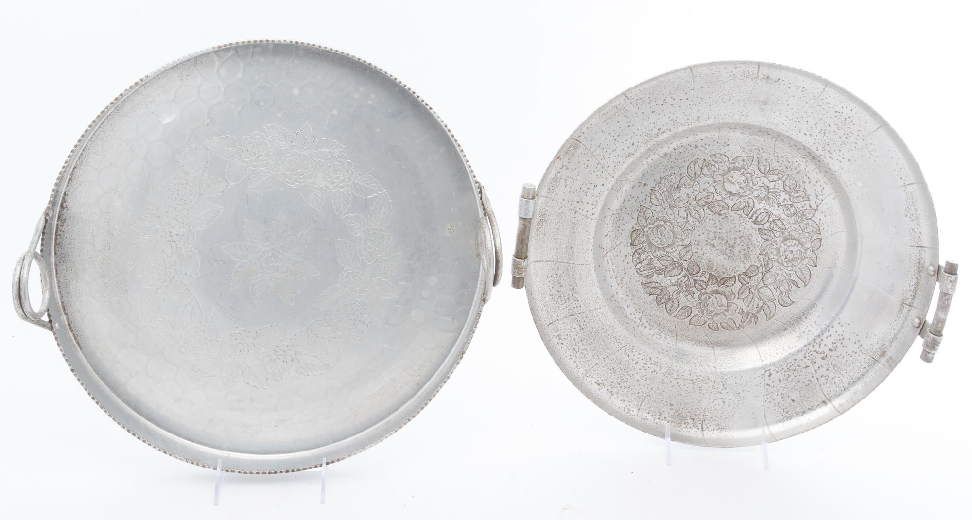 Two Pewter Serving Dishes Width of wider over handles 16 1/4 inches.