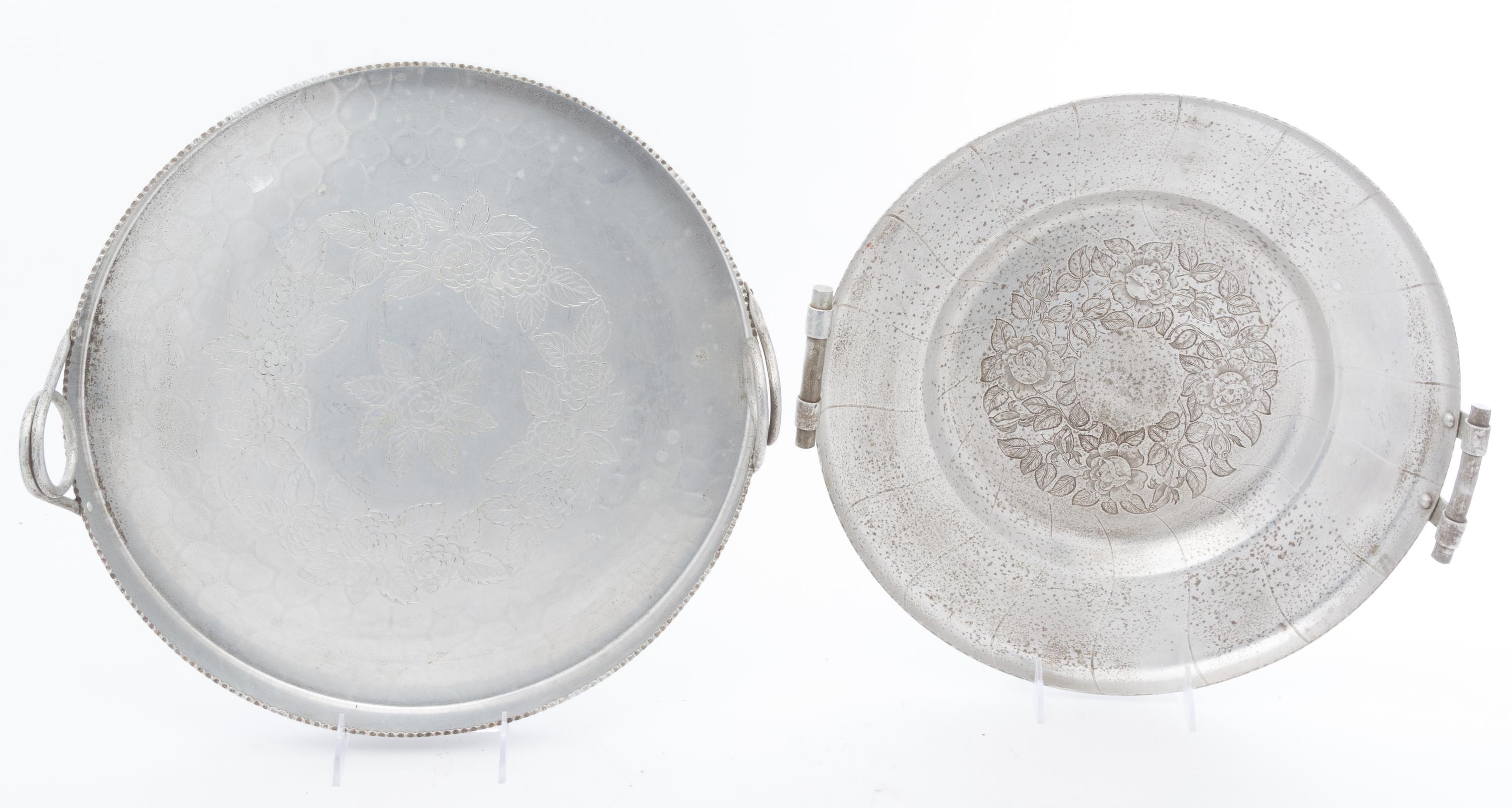 Two Pewter Serving Dishes Width of wider over handles 16 1/4 inches.