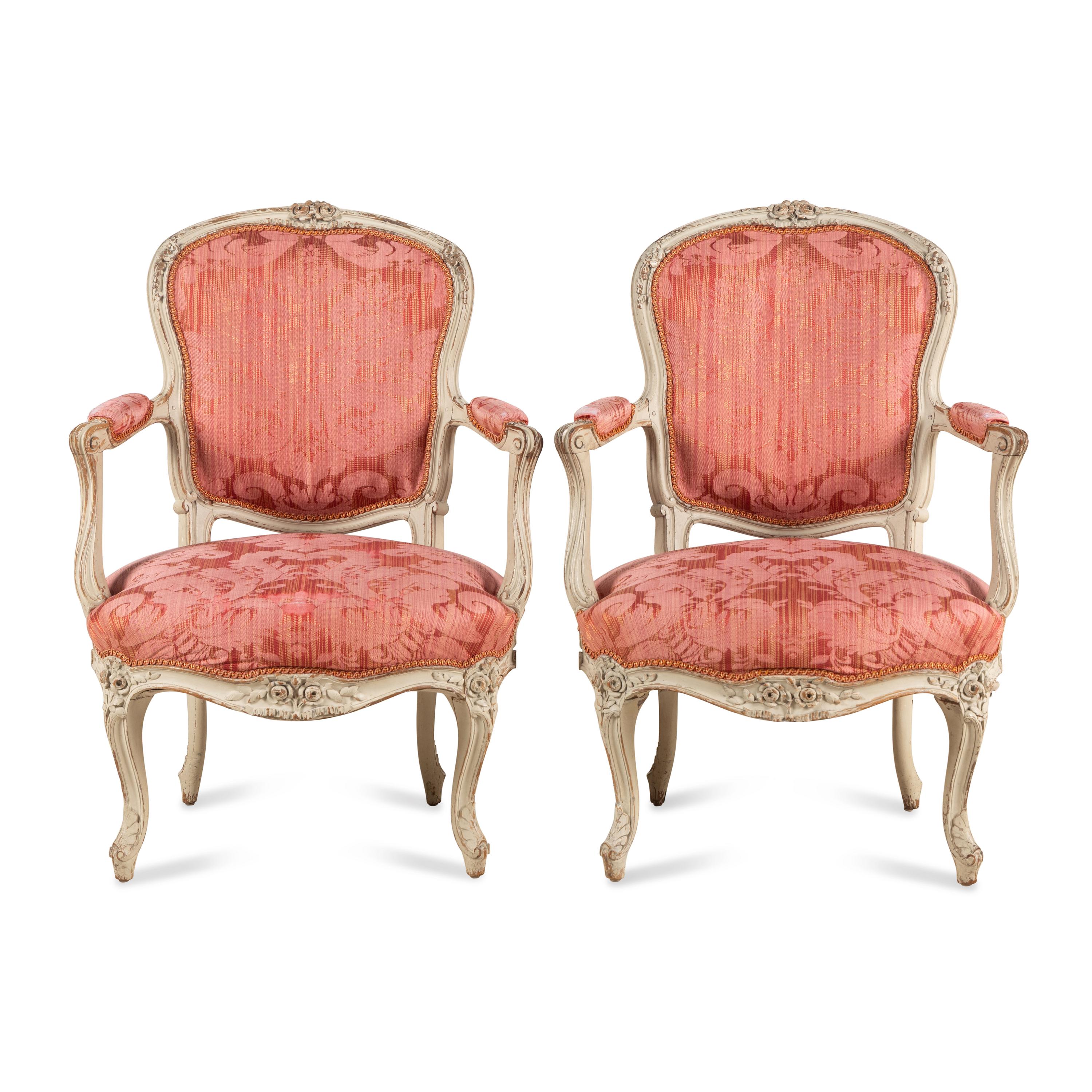 A Pair of Louis XV White-Painted Fauteuils