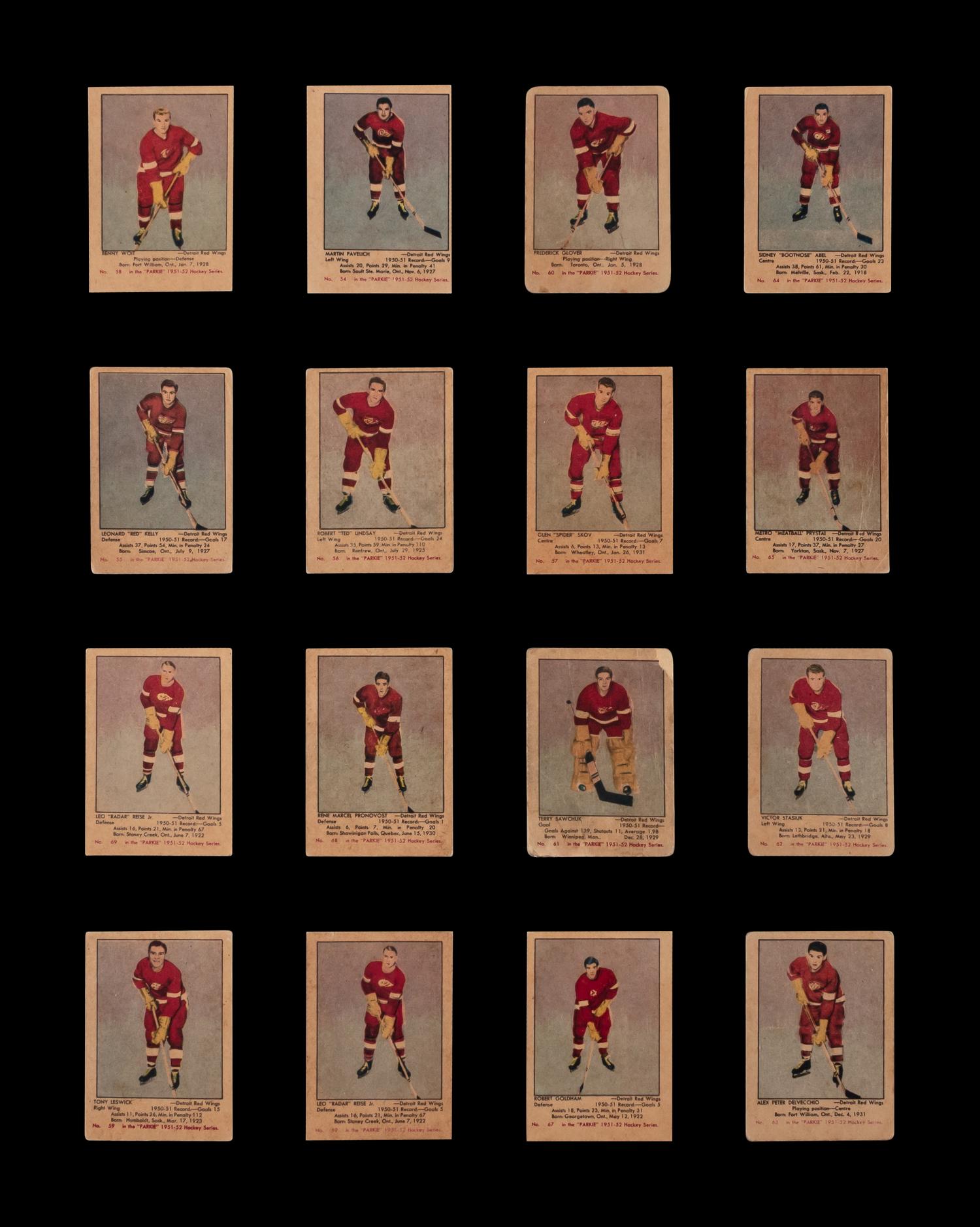 A Collection of Detroit Red Wings 1951 Parkhurst Hockey Cards Including Terry Sawchuk and Alex Delvecchio Rookie Cards (16)