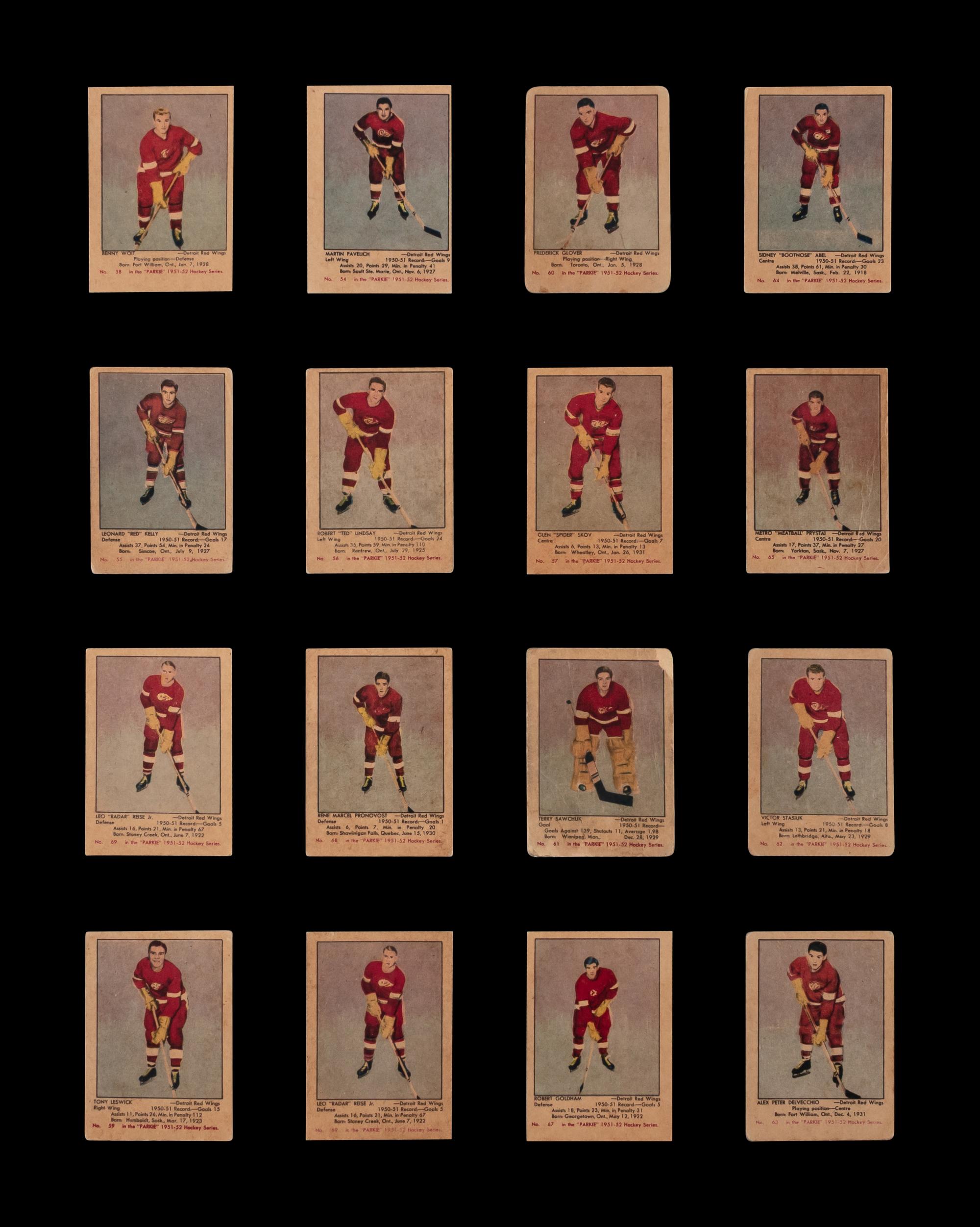 A Collection of Detroit Red Wings 1951 Parkhurst Hockey Cards Including Terry Sawchuk and Alex Delvecchio Rookie Cards (16)