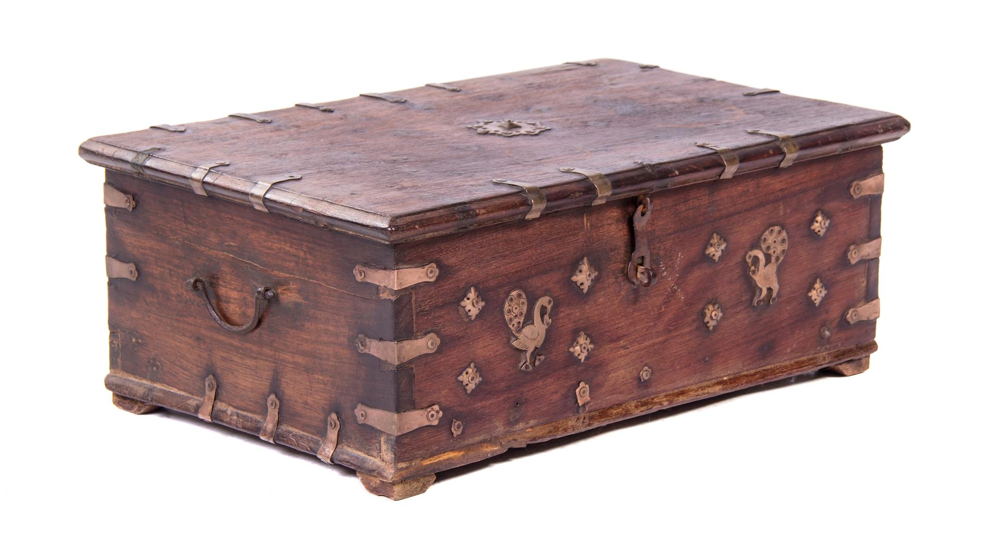 A Continental Brass Mounted Mahogany Lock Box, Width 25 1/2 inches.