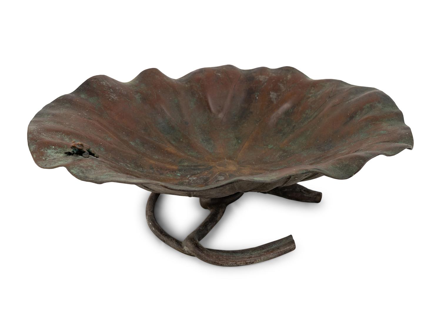 A Japanese Meiji Bronze Lotus Leaf Bowl with Frog — 19TH/20TH CENTURY
