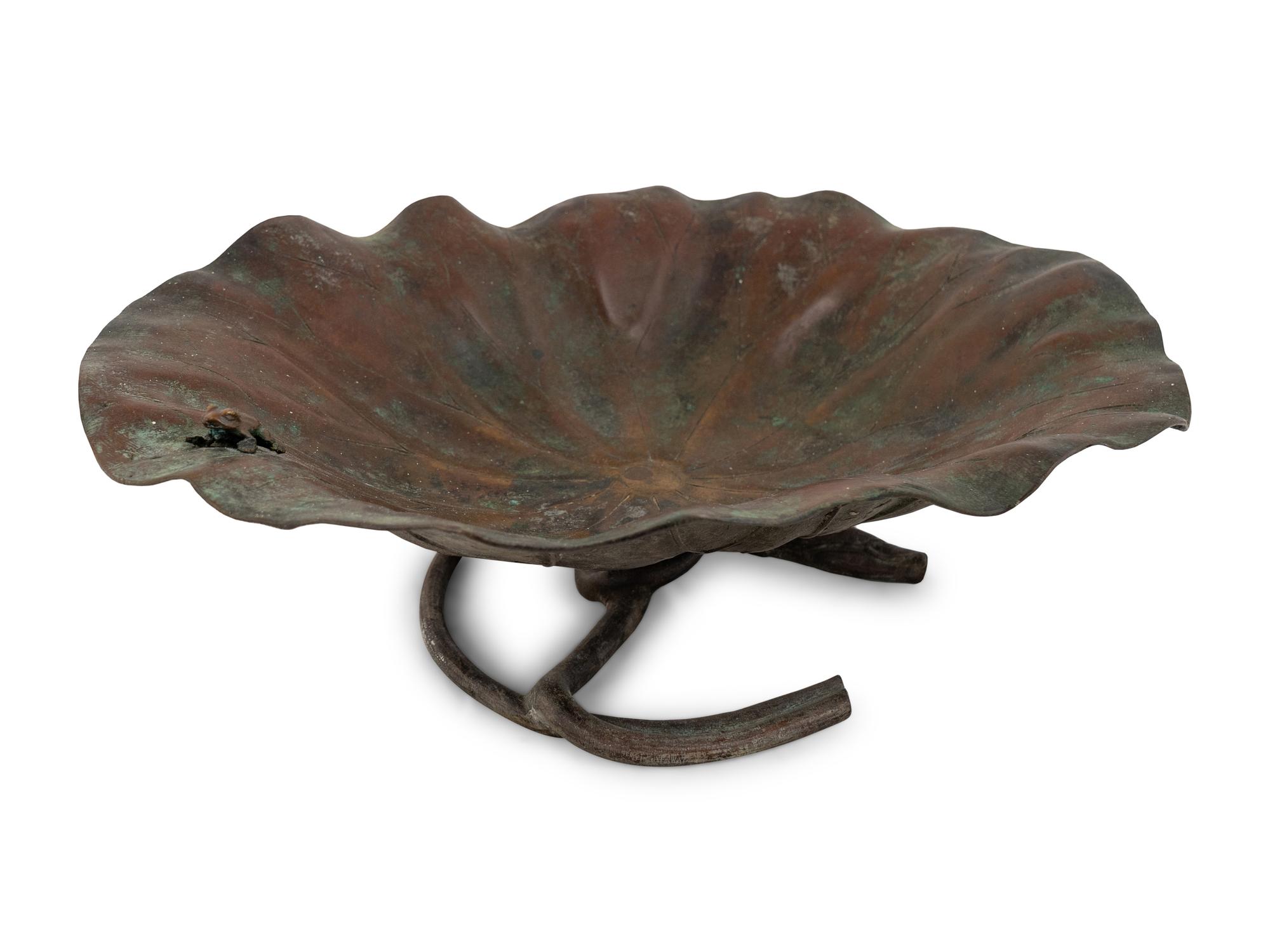 A Japanese Meiji Bronze Lotus Leaf Bowl with Frog — 19TH/20TH CENTURY