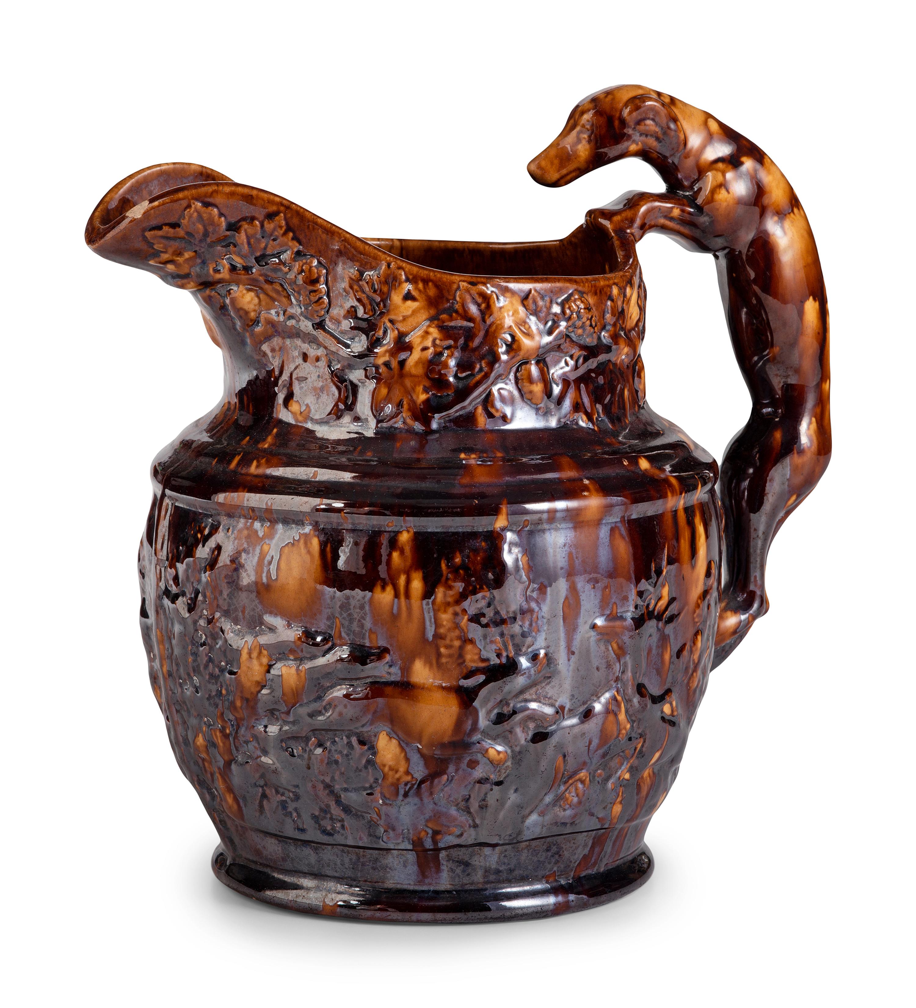 A Large Harker Hound Handle Rockingham Pitcher
