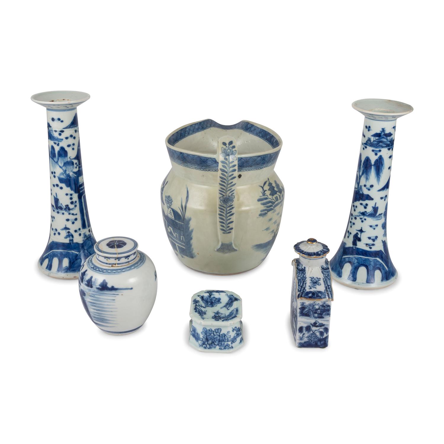 A Group of Chinese Export Blue and White Porcelain Table Articles