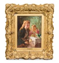 Charles August Corbineau, (French, 1835-1901), Untitled (Woman with Child, Parrot and Dog)