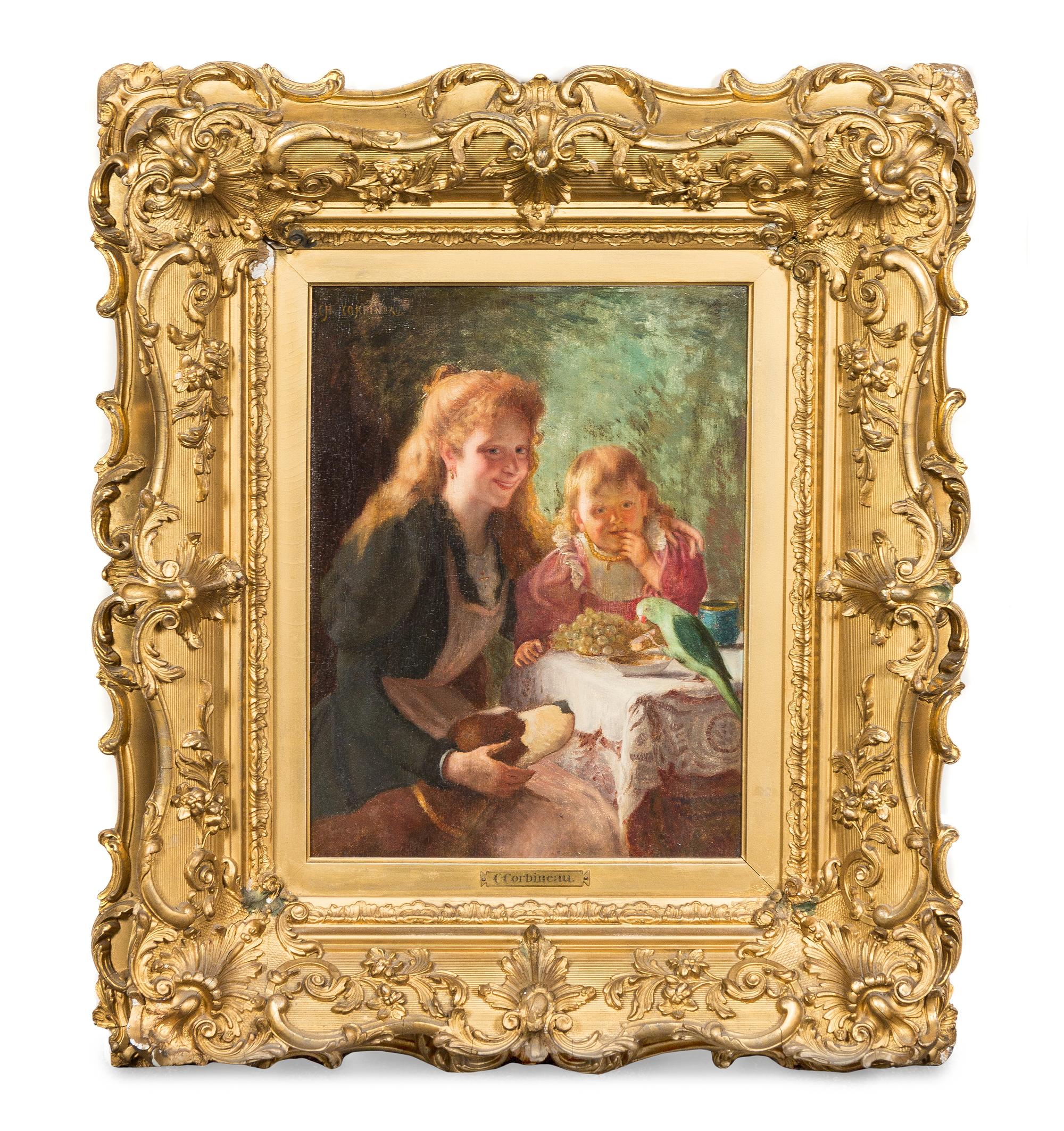 Charles August Corbineau, (French, 1835-1901), Untitled (Woman with Child, Parrot and Dog)