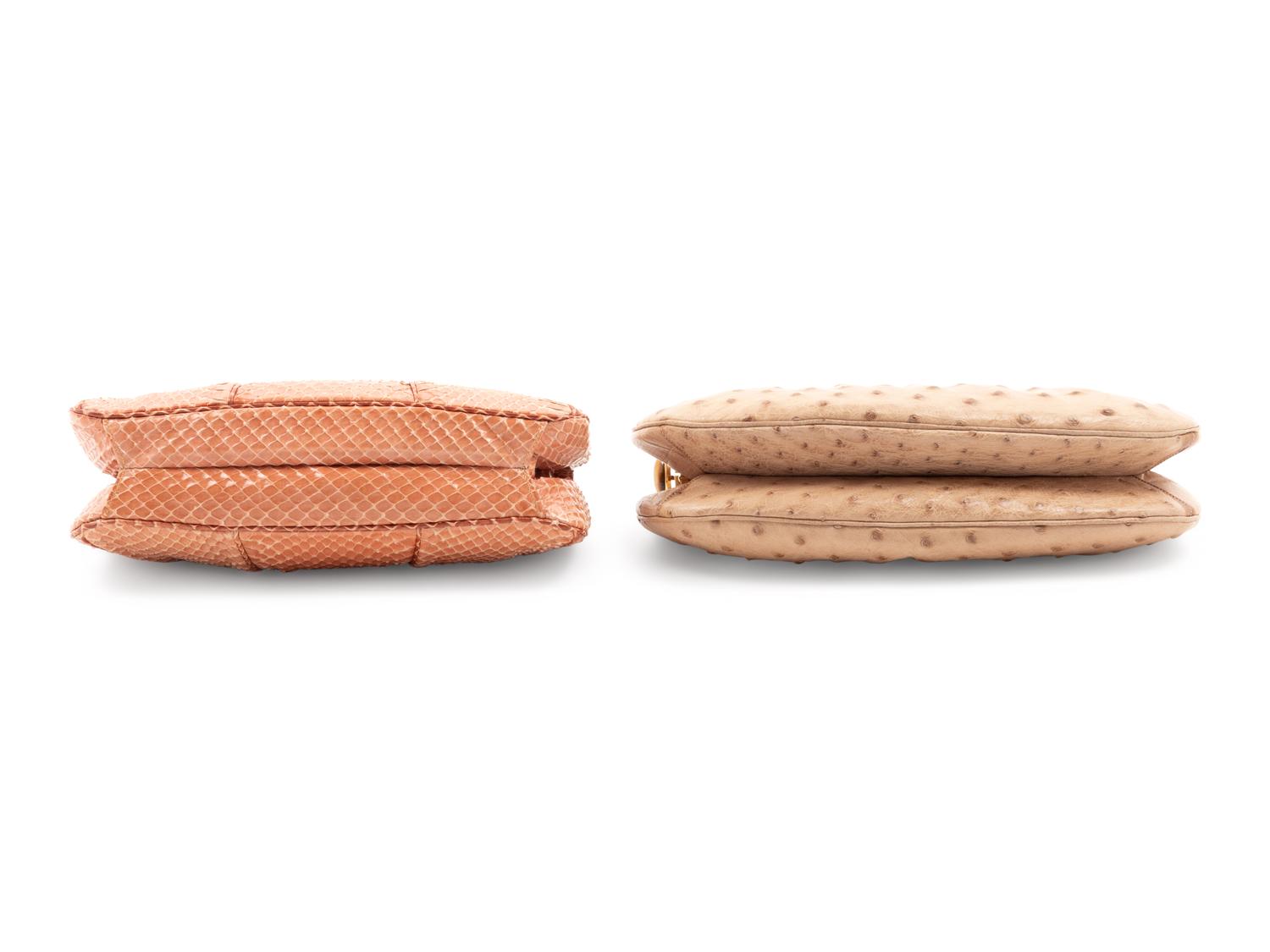 Two Judith Leiber Pouch Fame Bags; One Ostrich, One Snakeskin
