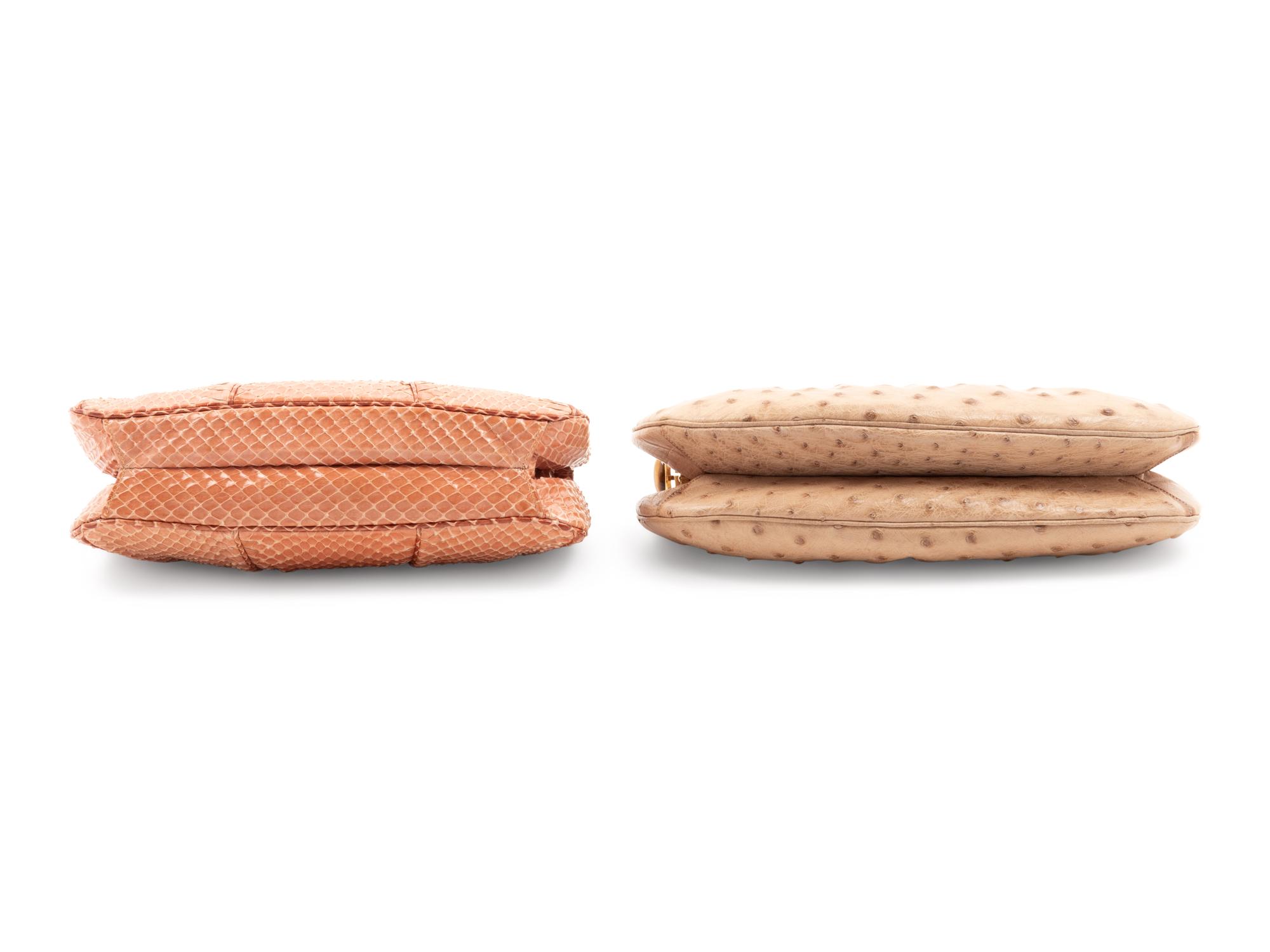 Two Judith Leiber Pouch Fame Bags; One Ostrich, One Snakeskin