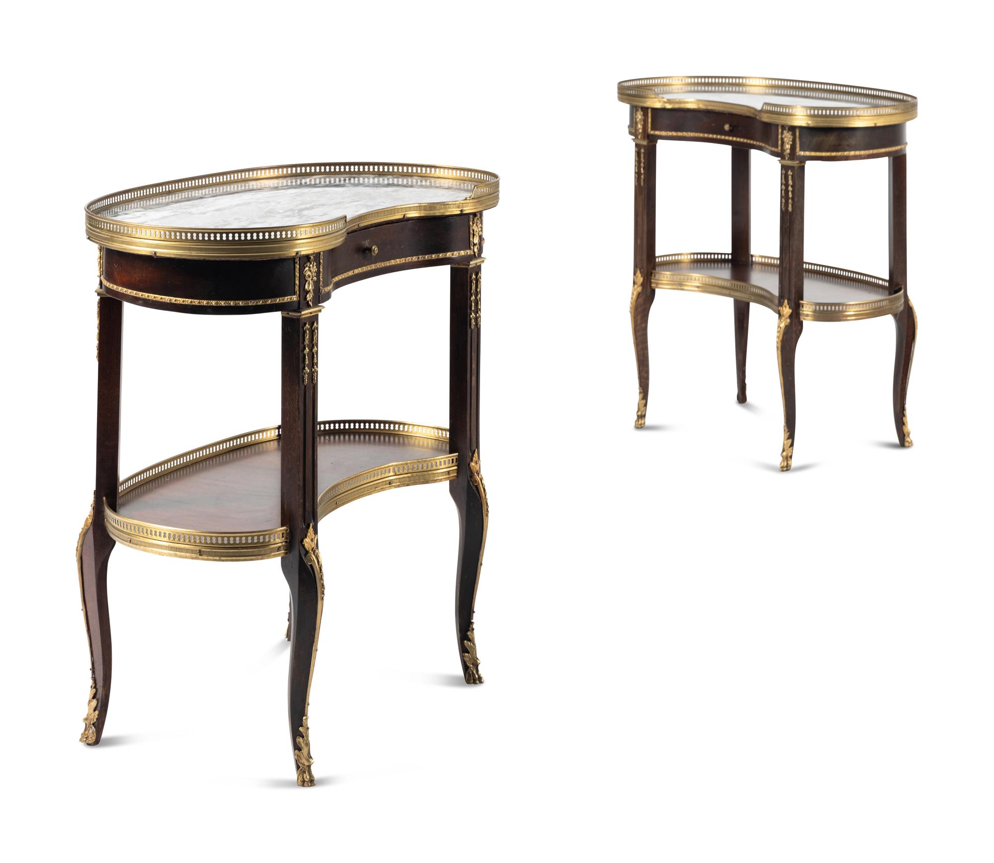 A Pair of Louis XVI Style Gilt Bronze Mounted Mahogany Marble-Top Side Tables