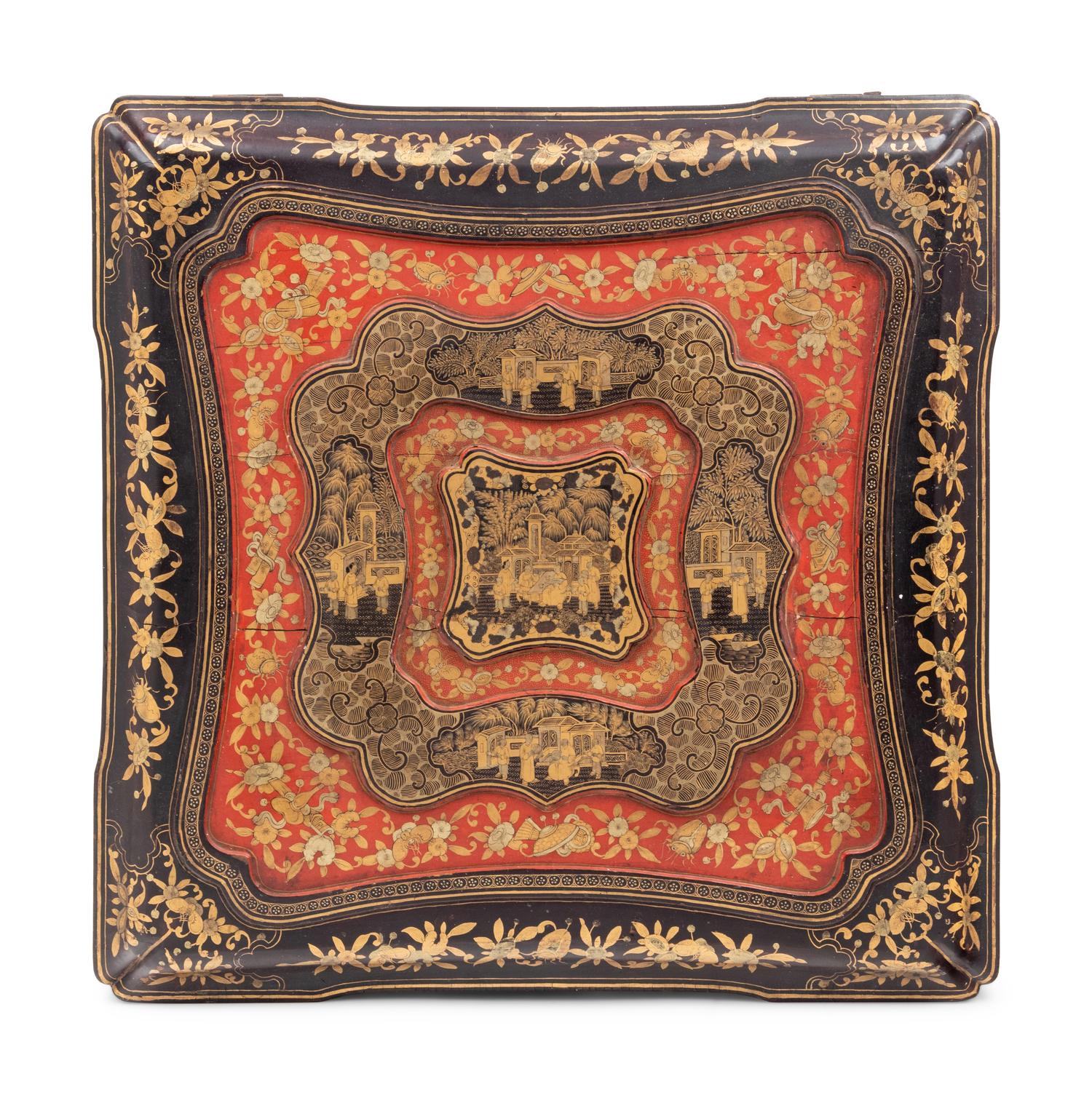 A Large Chinese Export Gilt Decorated Red and Black Lacquer Box