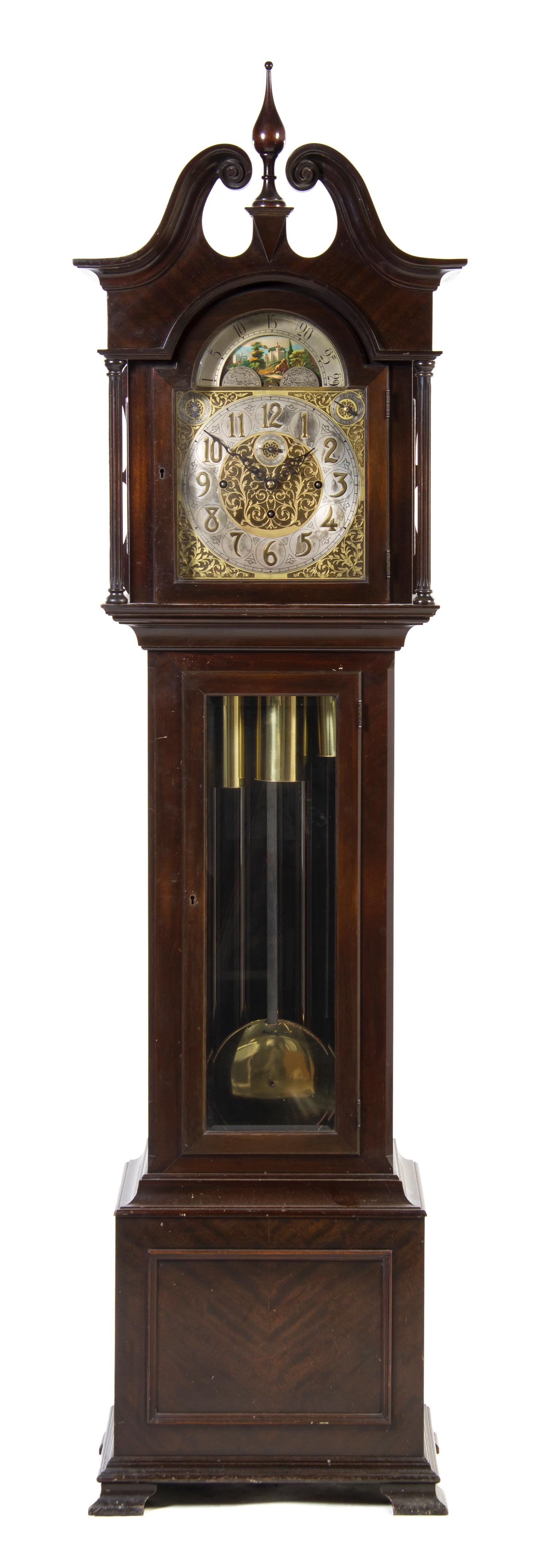 An American Mahogany Tall Case Clock, Height 86 1/2 inches.
