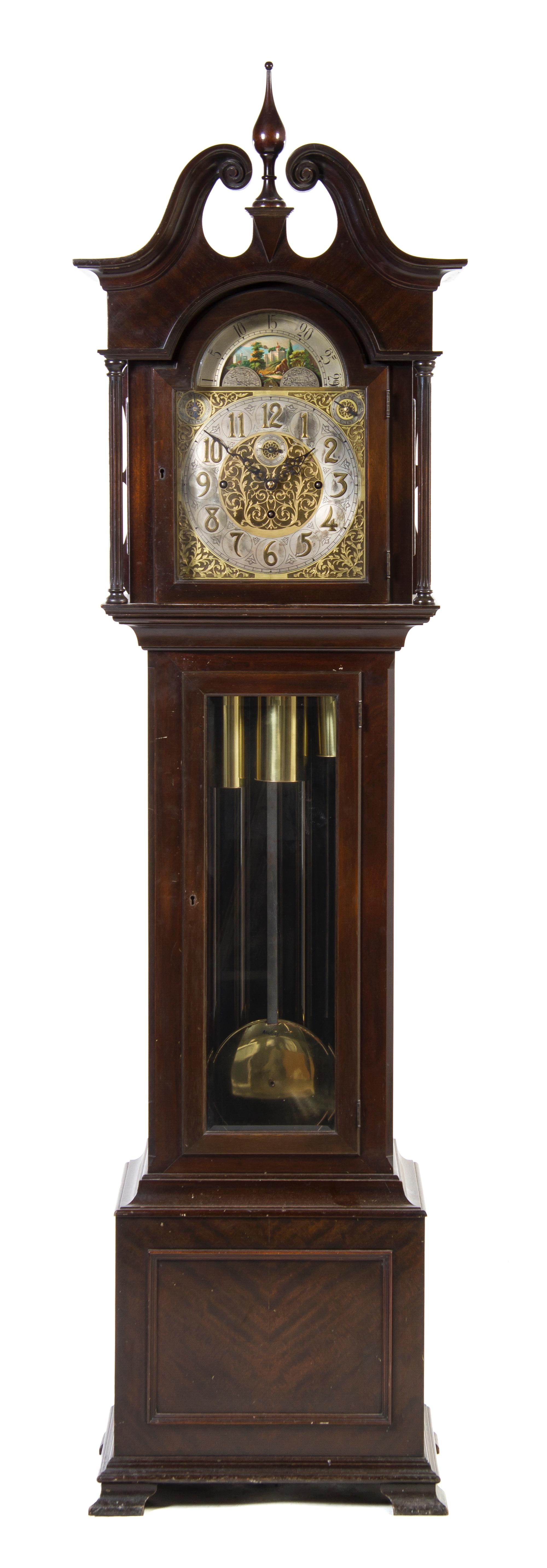 An American Mahogany Tall Case Clock, Height 86 1/2 inches.