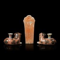 A Pair of Chinese Export Lion-Form Candlesticks and A Wall Vase 粉彩壁瓶一件及獅形燭臺一對