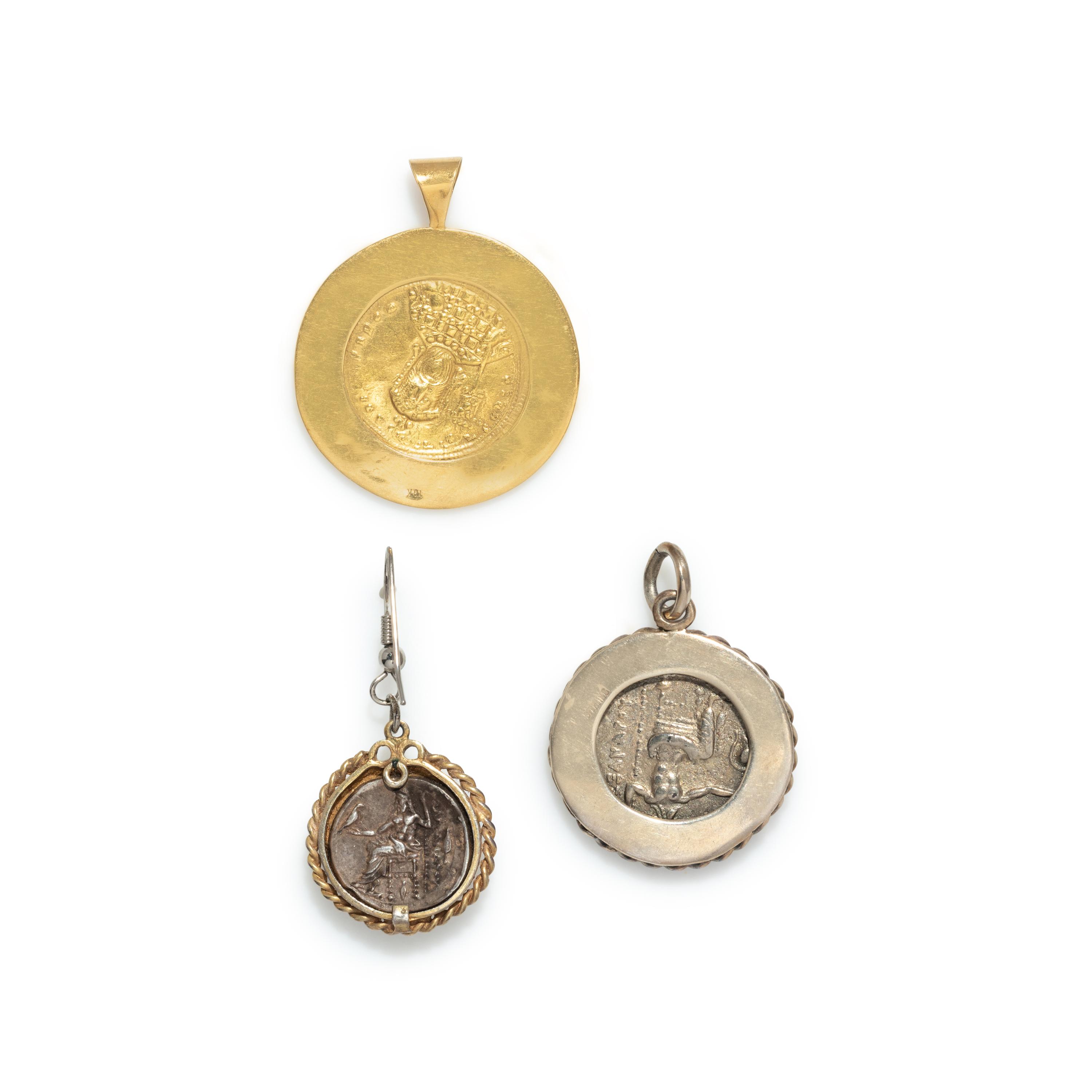 Two Greek Silver Coins and One Byzantine Gold Coin — Set in gold and silver pendants
