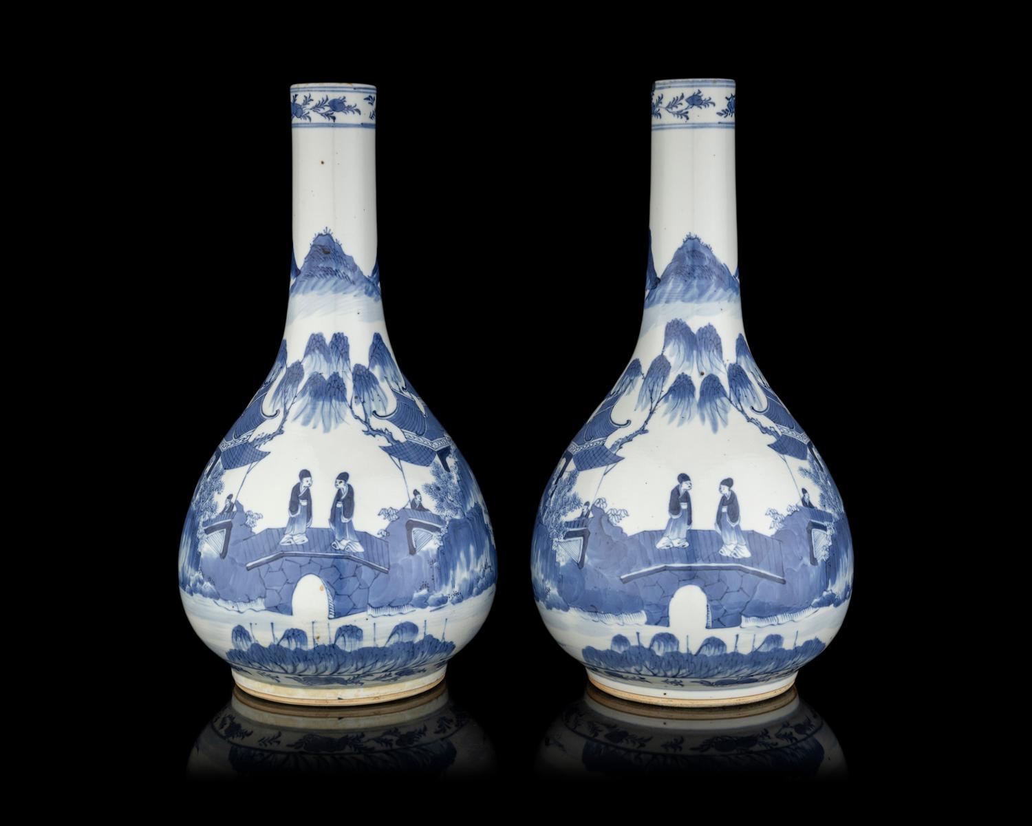 A Pair of Chinese Blue and White Porcelain Bottle Vases
