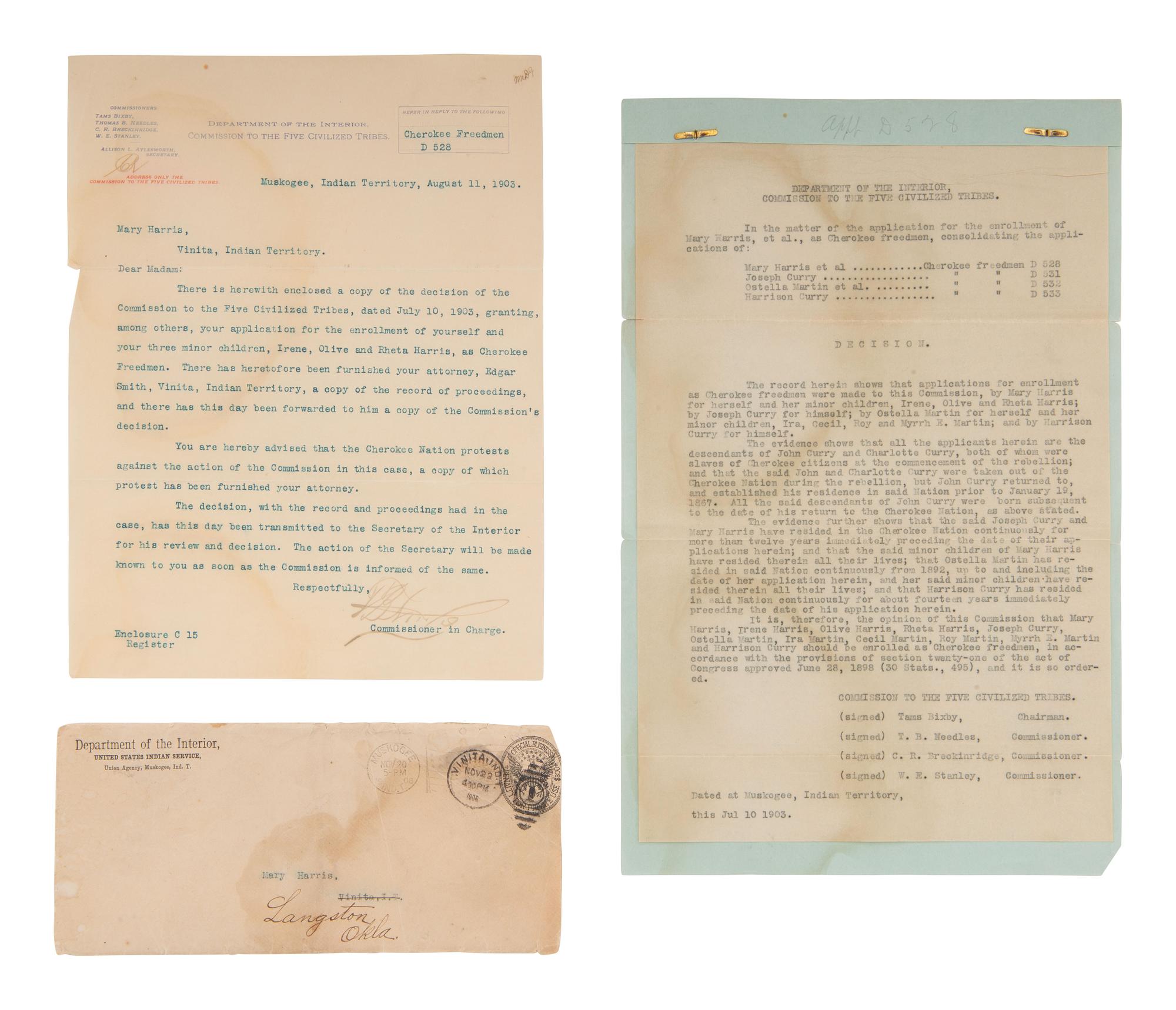 [NATIVE AMERICAN] -- [AFRICAN AMERICANA]. Documents sent to Mary Harris from the Commission of the Five Civilized Tribes regarding her application for enrollment with her family as Cherokee Freedmen. 1903.