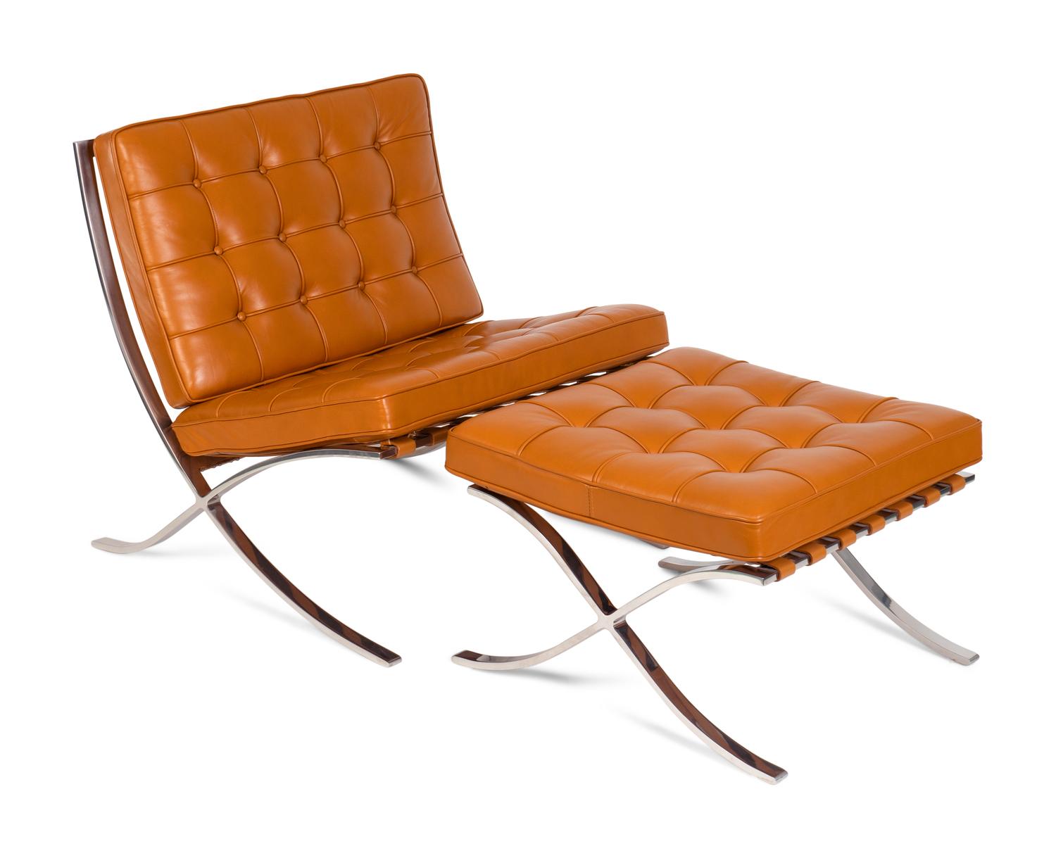 A Mies van der Rohe Chrome and Caramel Leather Barcelona Chair and Ottoman — PRODUCED BY KNOLL
