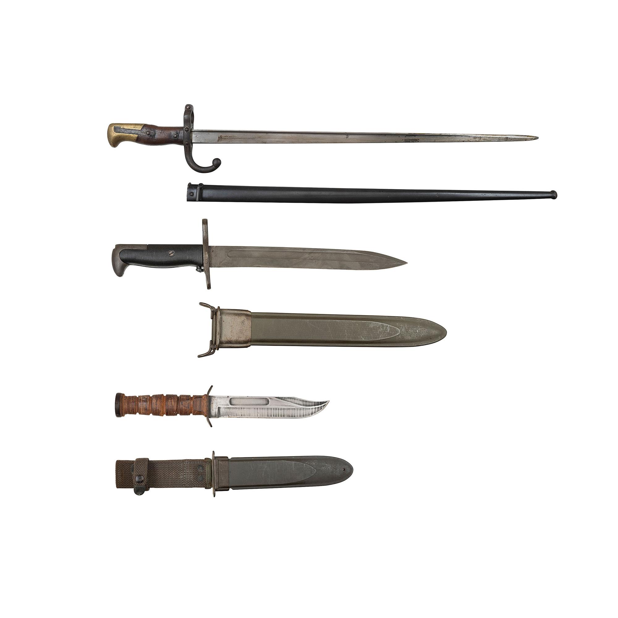 Lot of 3 Edged Weapons Including: French M1874 Gras Bayonet, US M1 Bayonet, Robeson USN Mk 2 Knife