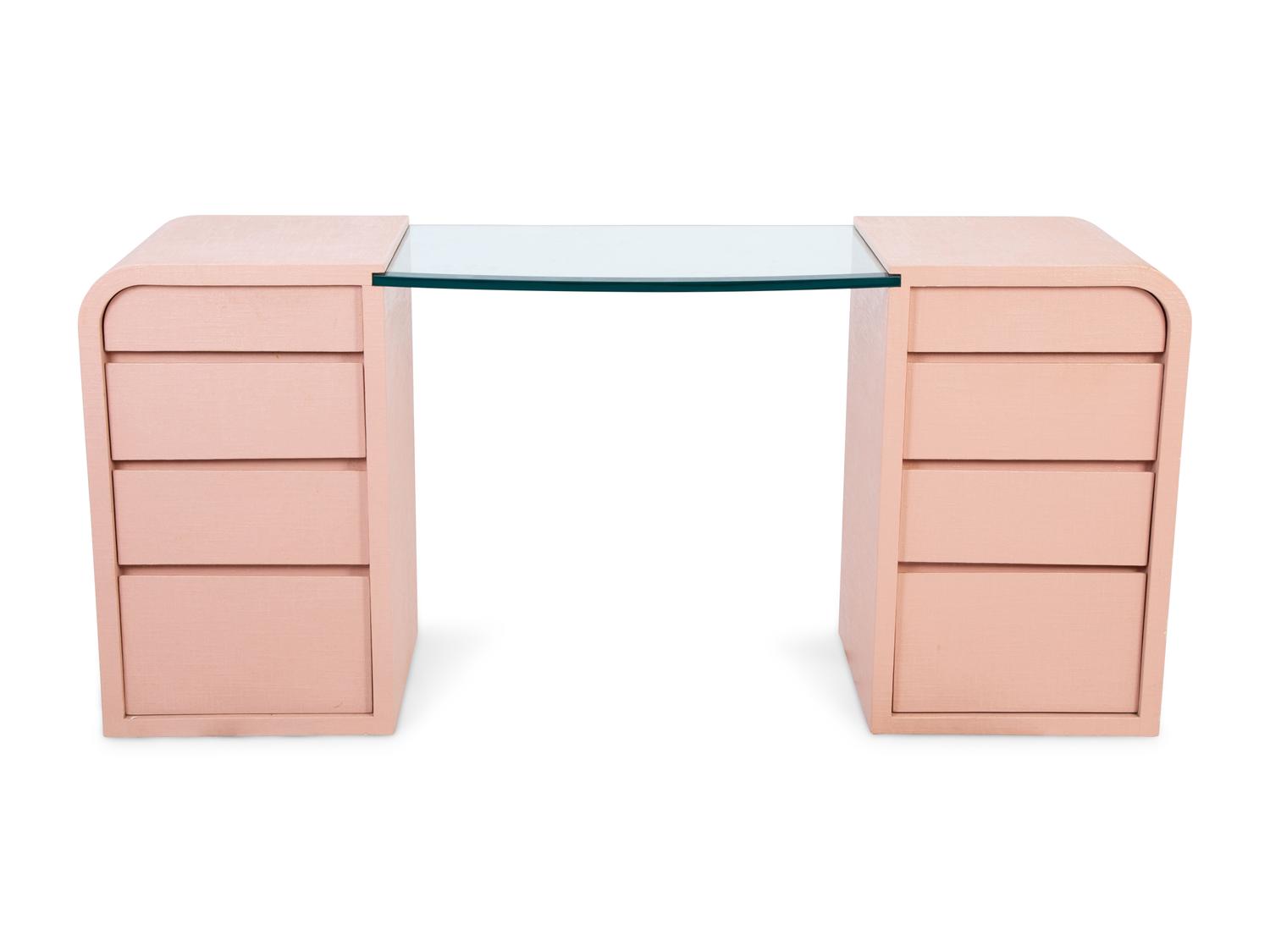 A Karl Springer Style Painted Cloth Wrapped and Glass Dressing Table with a Lucite Stool — CIRCA 1970