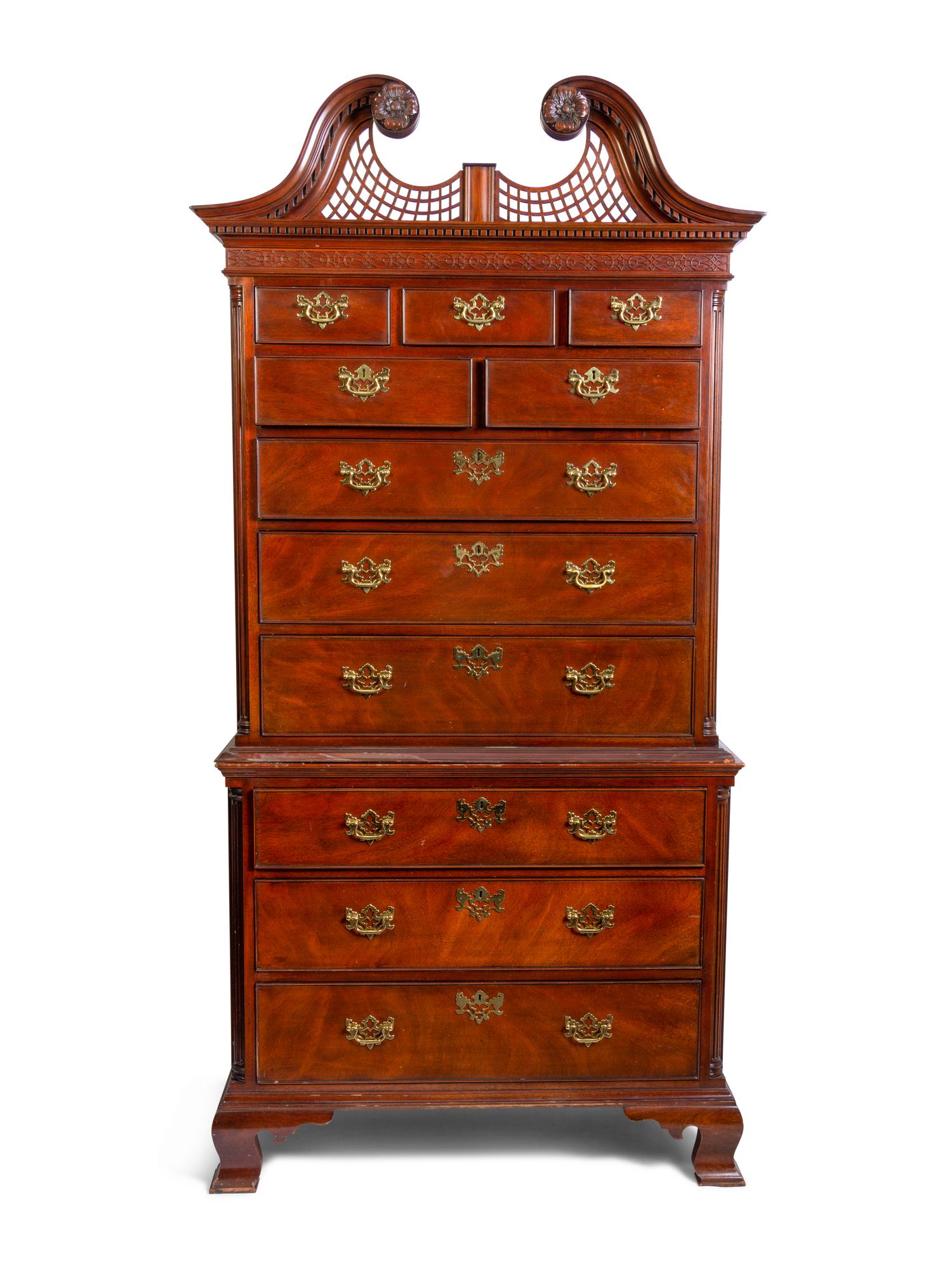 An American Chinese Chippendale Style Carved Mahogany Chest on Chest
