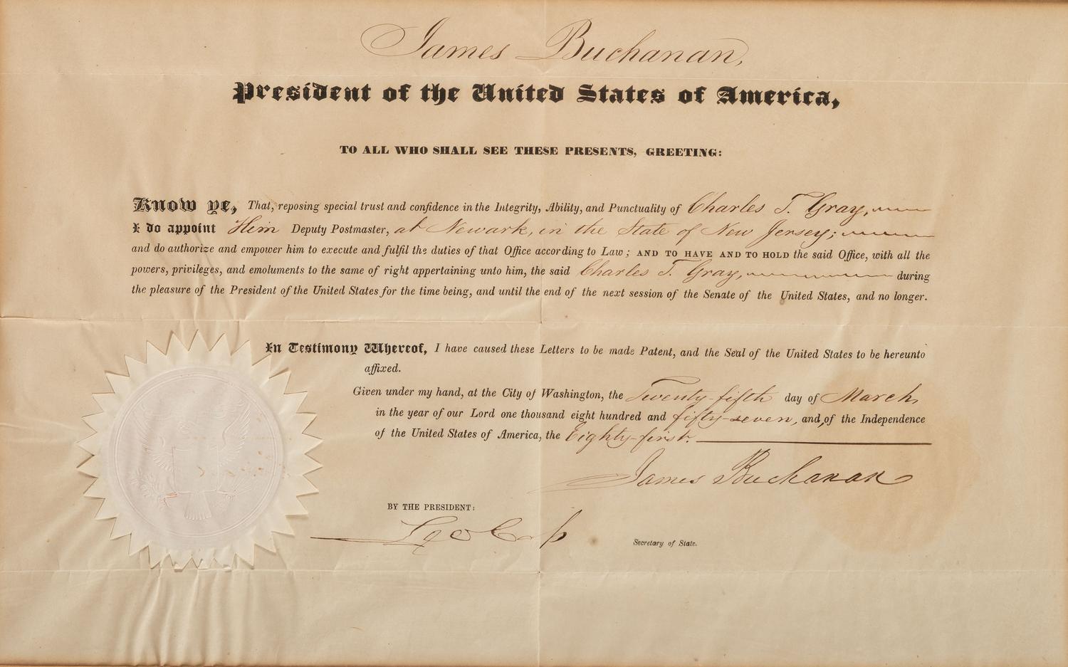 BUCHANAN, James (1791-1868). Partly printed appointment signed ("James Buchanan"), as President of the United States. Washington, D.C., 24 March 1857.
