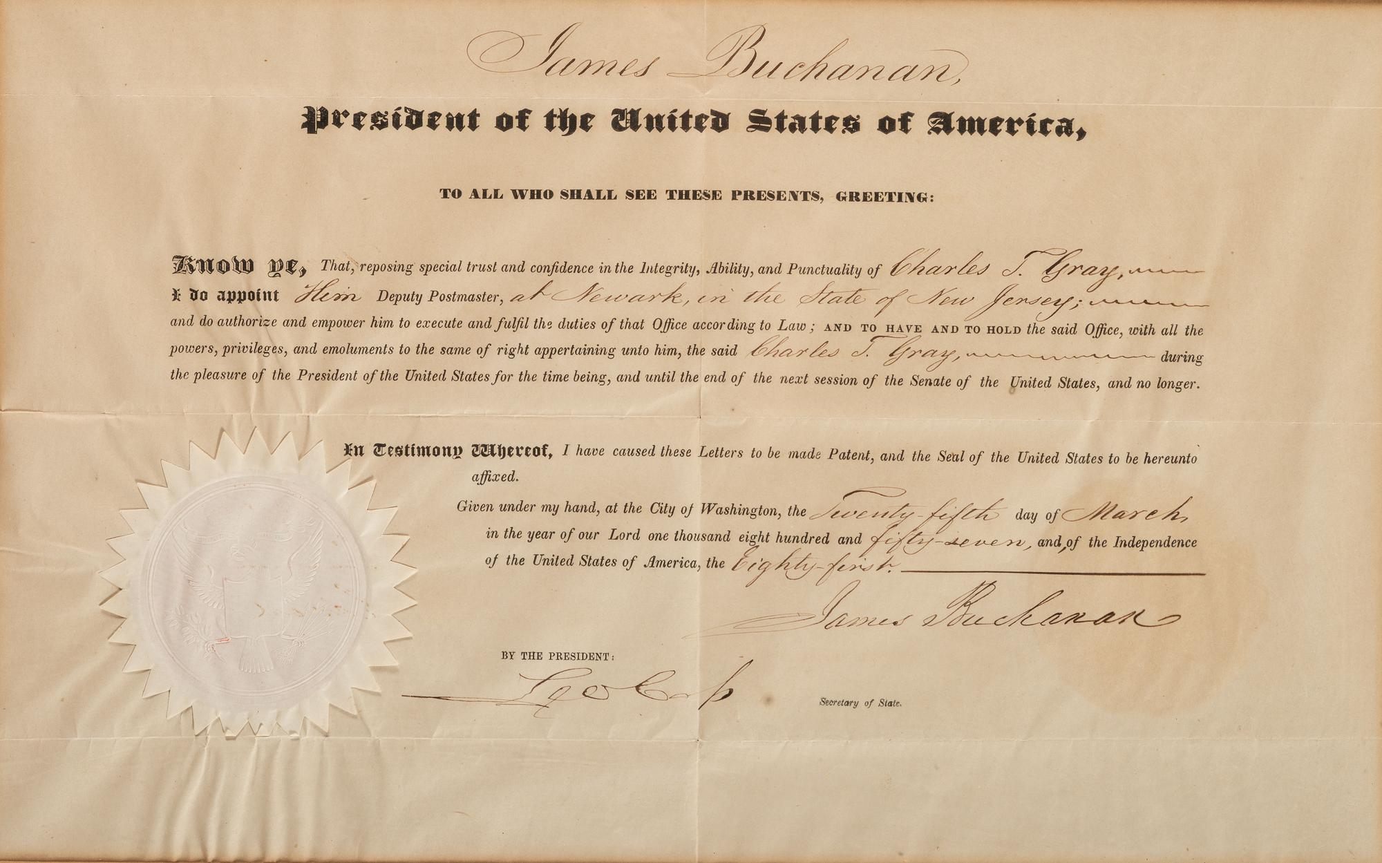 BUCHANAN, James (1791-1868). Partly printed appointment signed ("James Buchanan"), as President of the United States. Washington, D.C., 24 March 1857.
