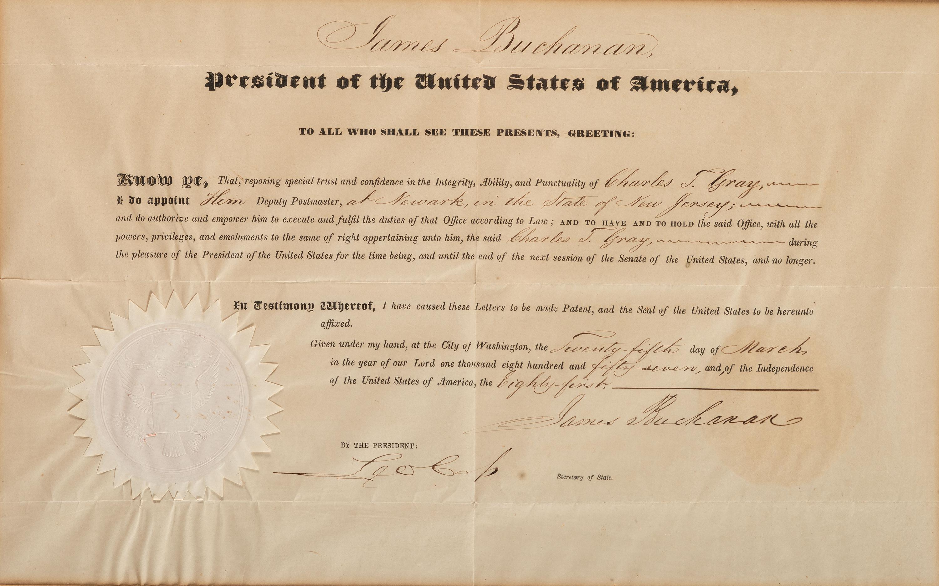 BUCHANAN, James (1791-1868). Partly printed appointment signed ("James Buchanan"), as President of the United States. Washington, D.C., 24 March 1857.