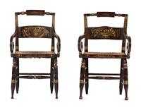A Matched Pair of Classical Grain-Painted and Gilt Stencil-Decorated Hitchcock Rush-Seat Armchairs