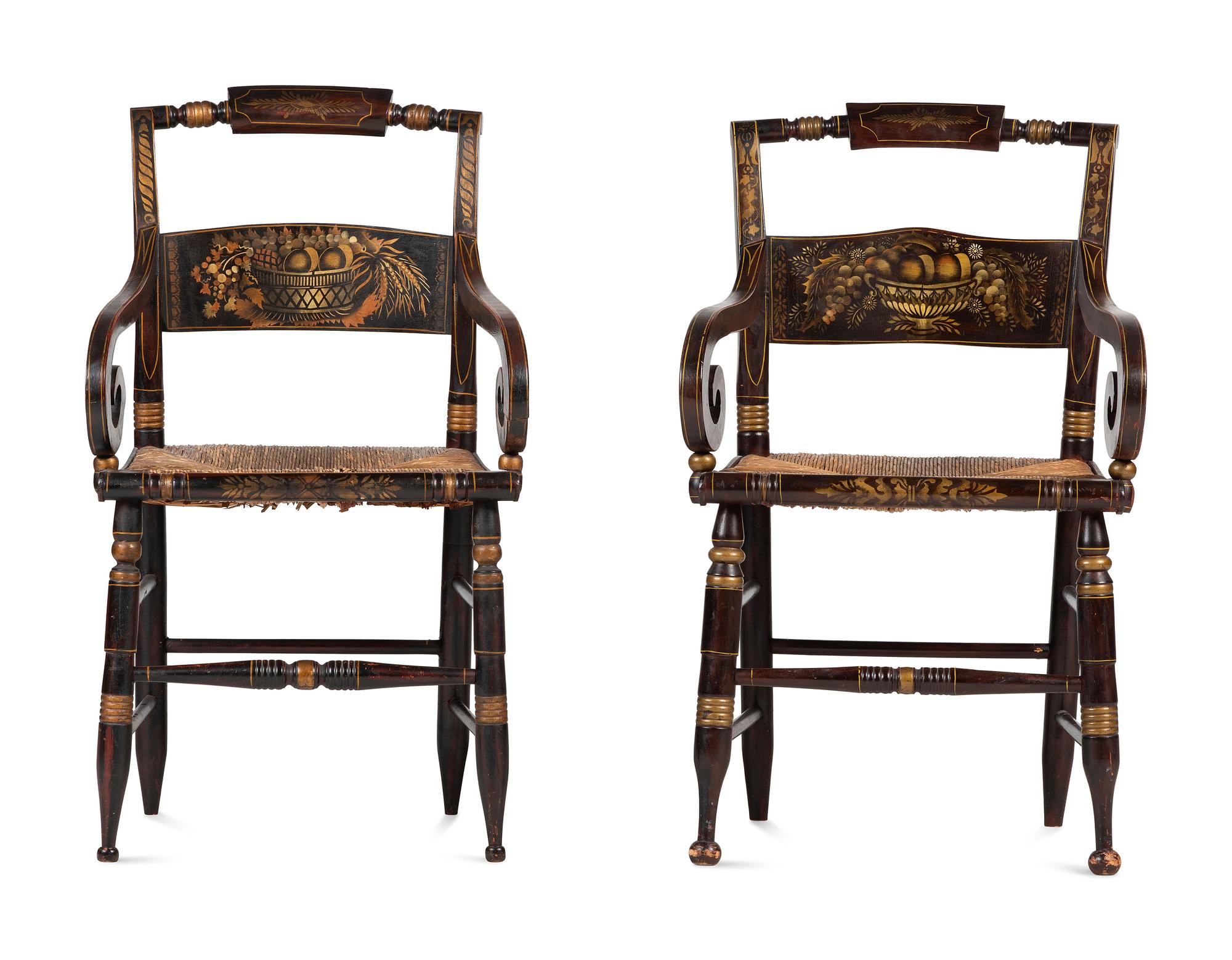 A Matched Pair of Classical Grain-Painted and Gilt Stencil-Decorated Hitchcock Rush-Seat Armchairs