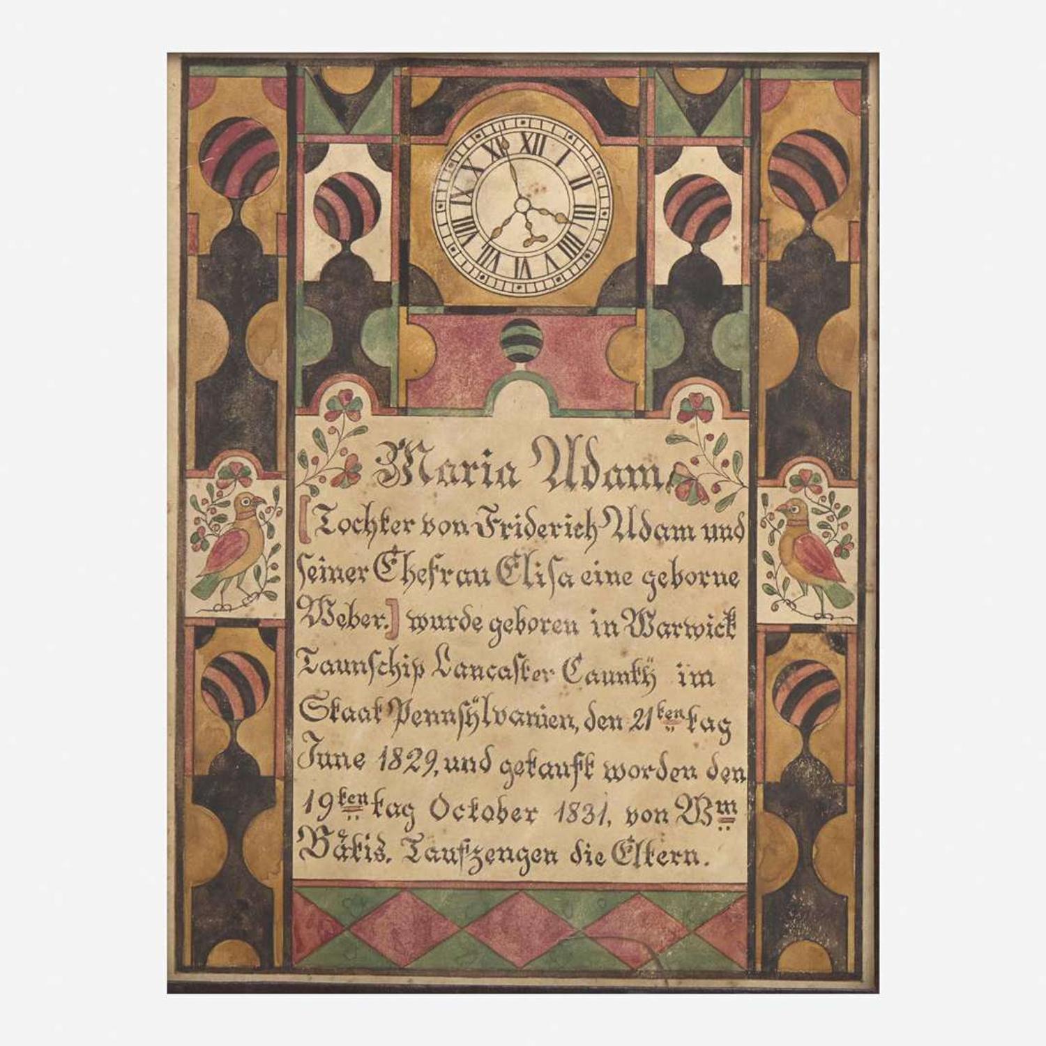 A Fraktur birth record for Maria Adam Samuel Bentz (1792-1850)