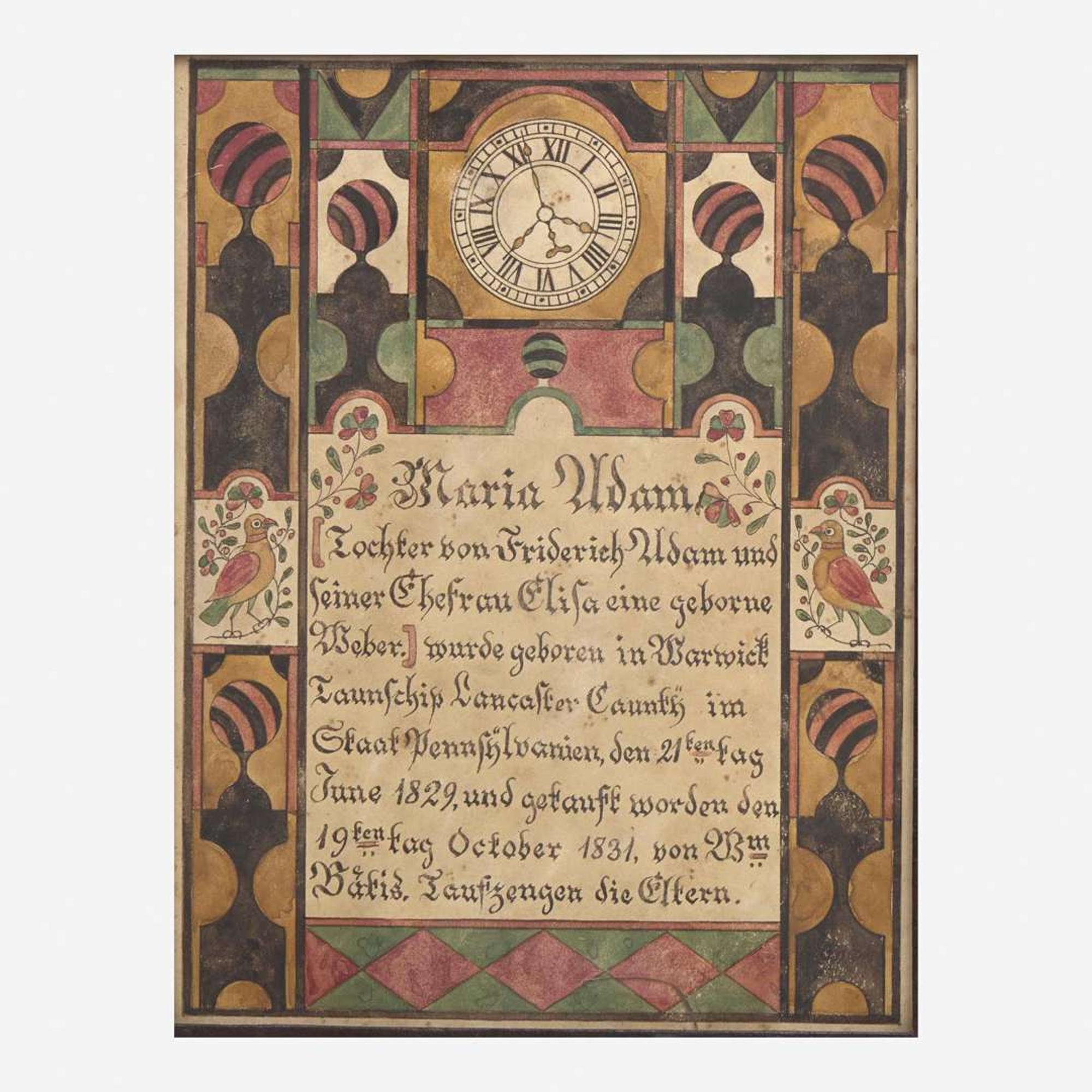 A Fraktur birth record for Maria Adam Samuel Bentz (1792-1850)