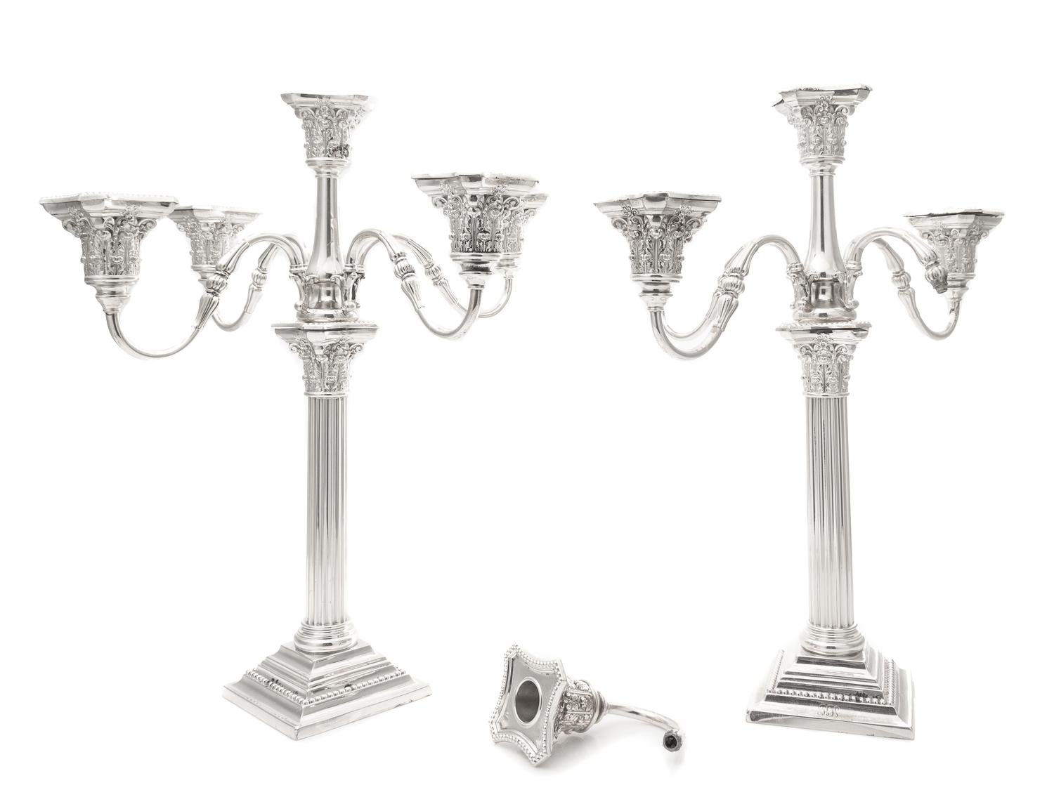 A Pair of American Silver Five-Light Candelabra, Gorham Mfg. Co., Providence, RI, retailed by Spaulding & Co., having a fluted Corinthi