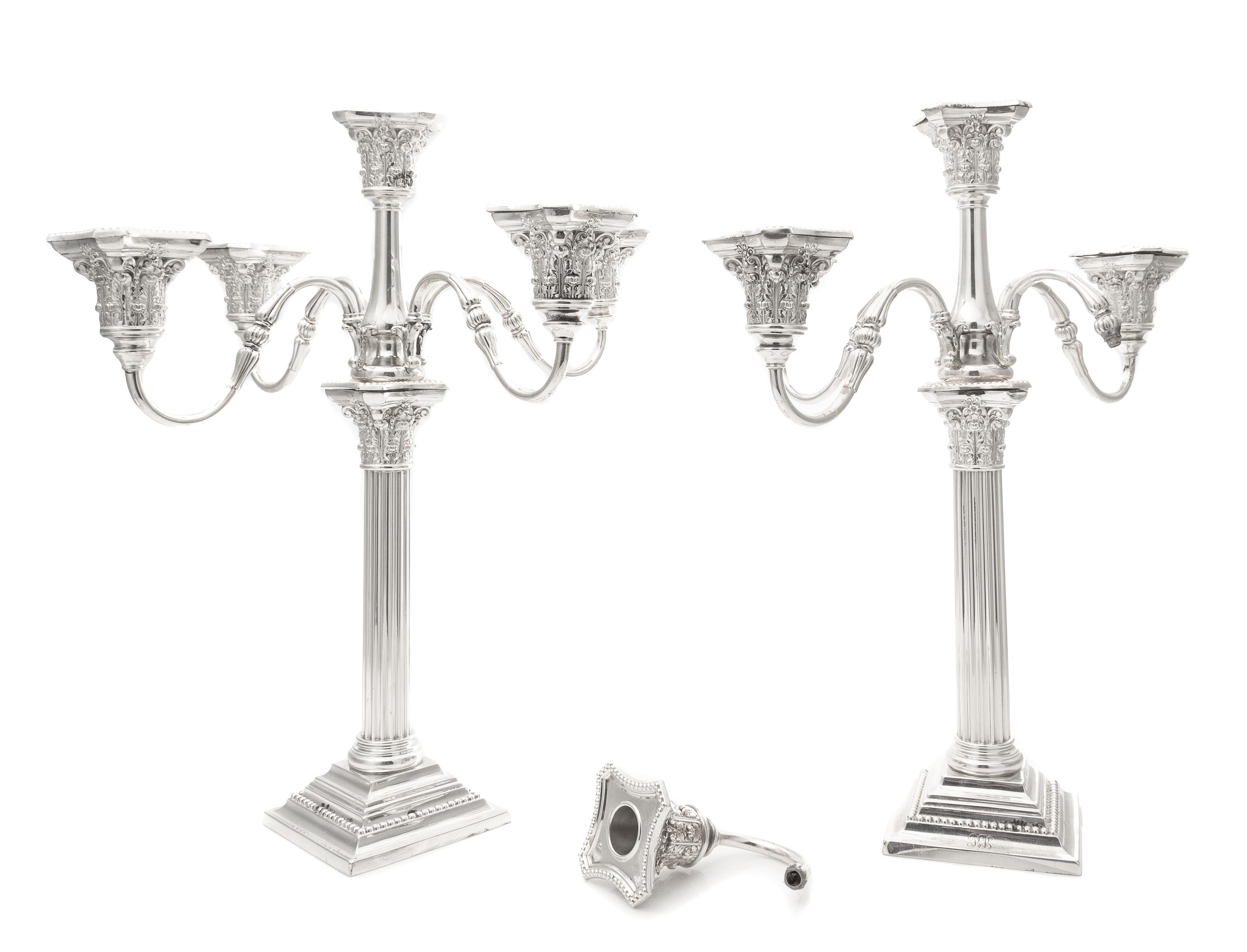 A Pair of American Silver Five-Light Candelabra, Gorham Mfg. Co., Providence, RI, retailed by Spaulding & Co., having a fluted Corinthi