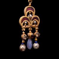 A Pair of Byzantine Gold Earrings with Garnet, Pearl and Chalcedony Elements